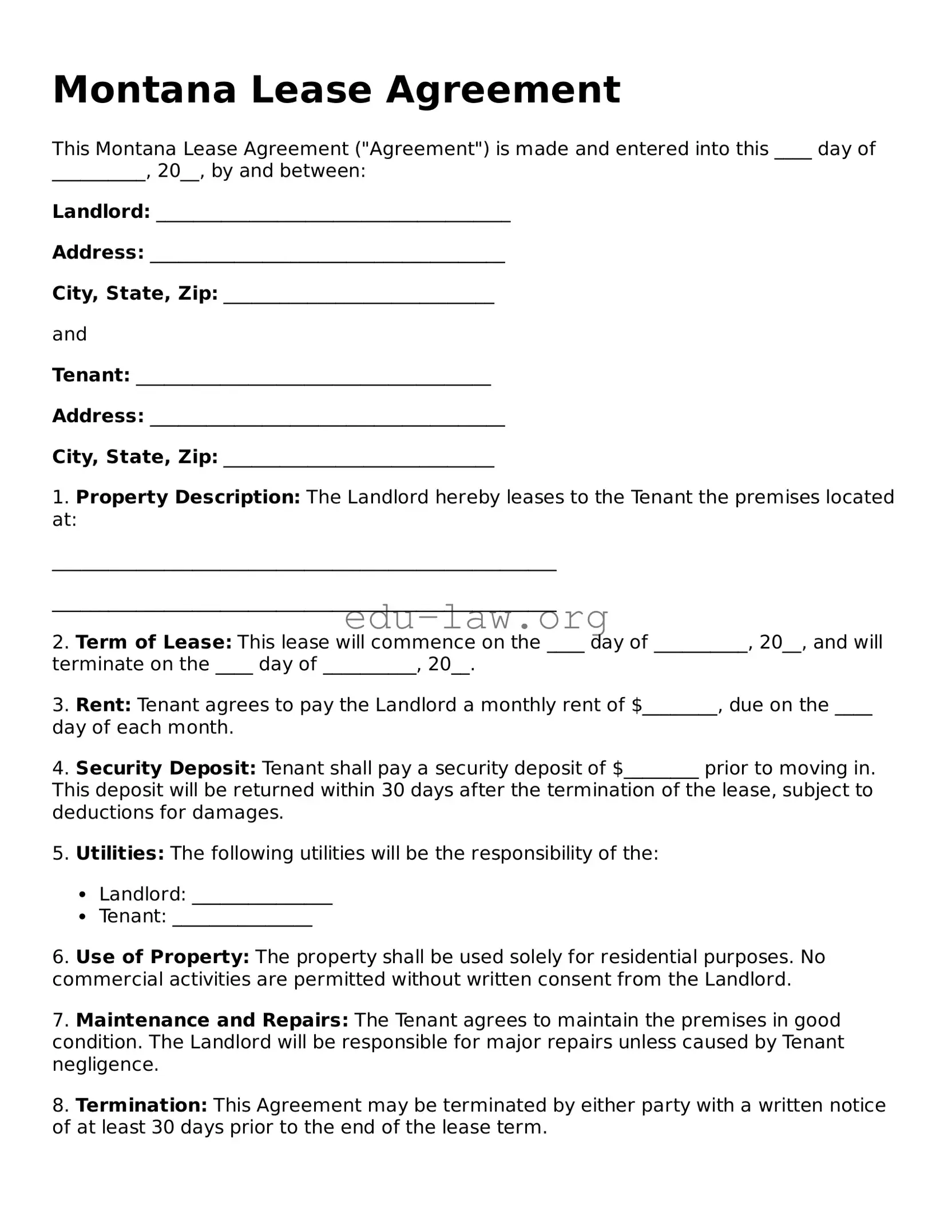 Legal  Lease Agreement Template for Montana