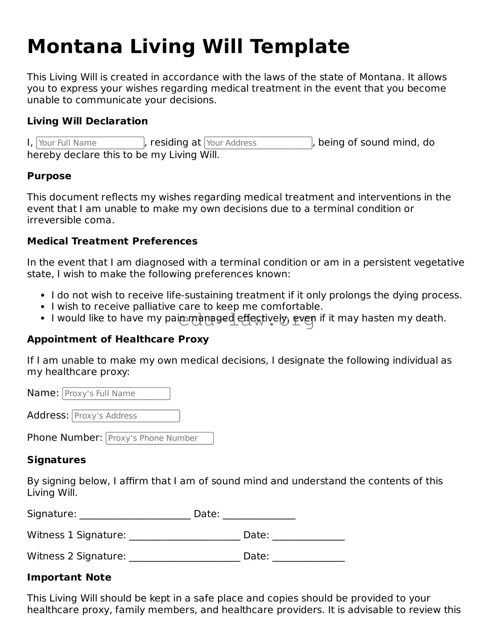 Legal  Living Will Template for Montana