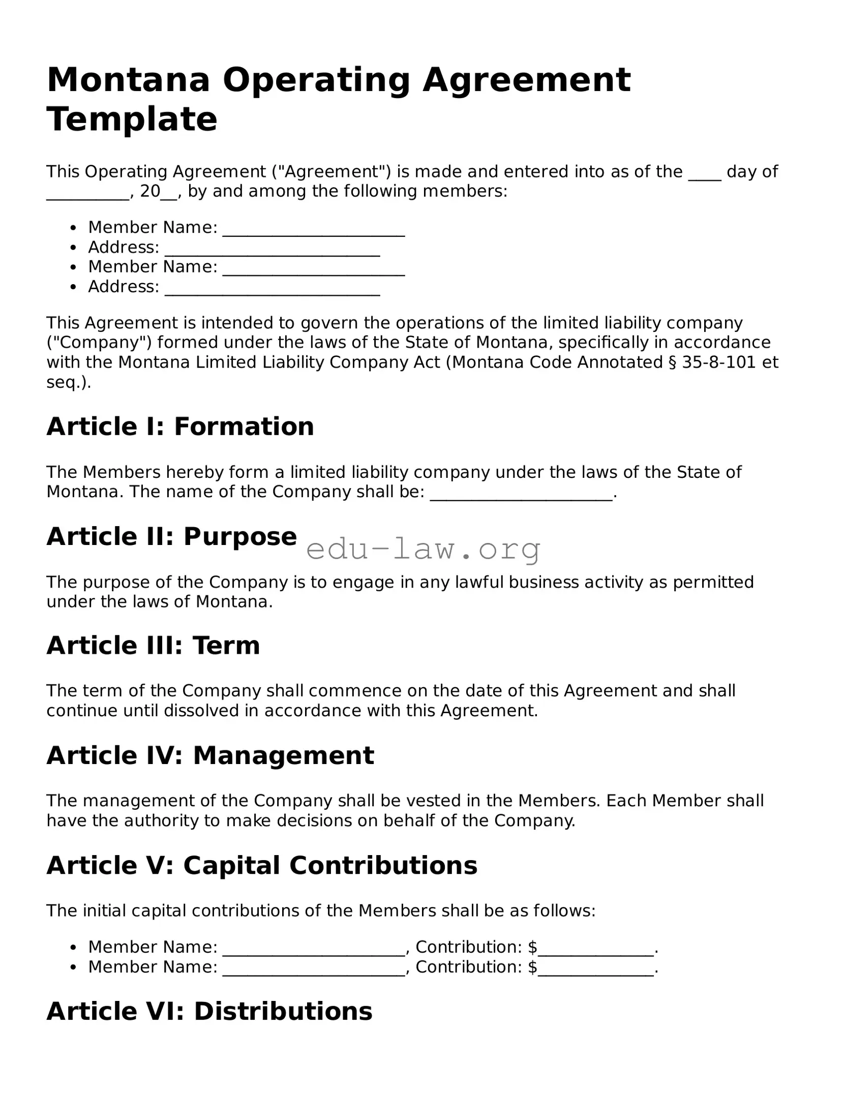 Legal  Operating Agreement Template for Montana