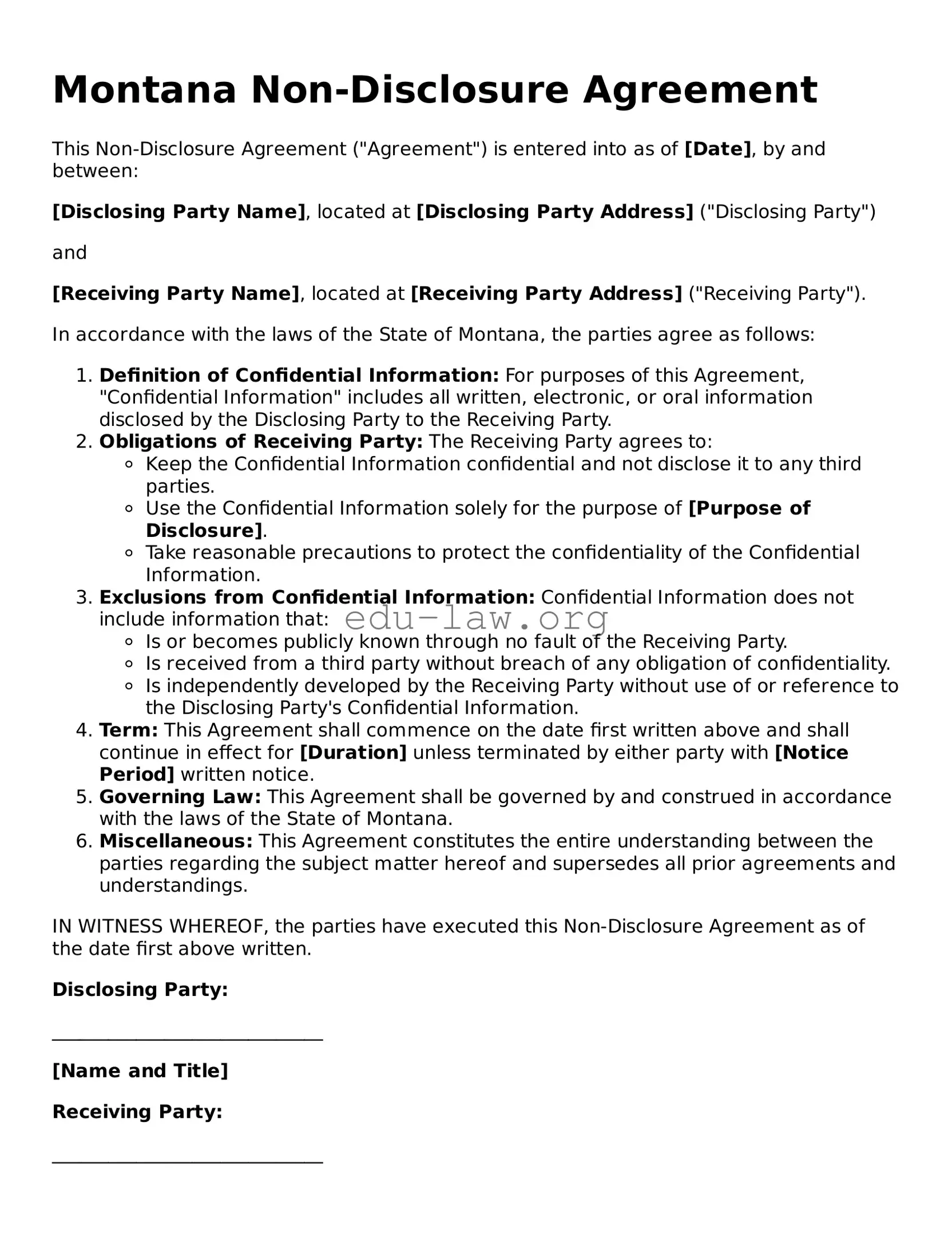 Legal  Non-disclosure Agreement Template for Montana