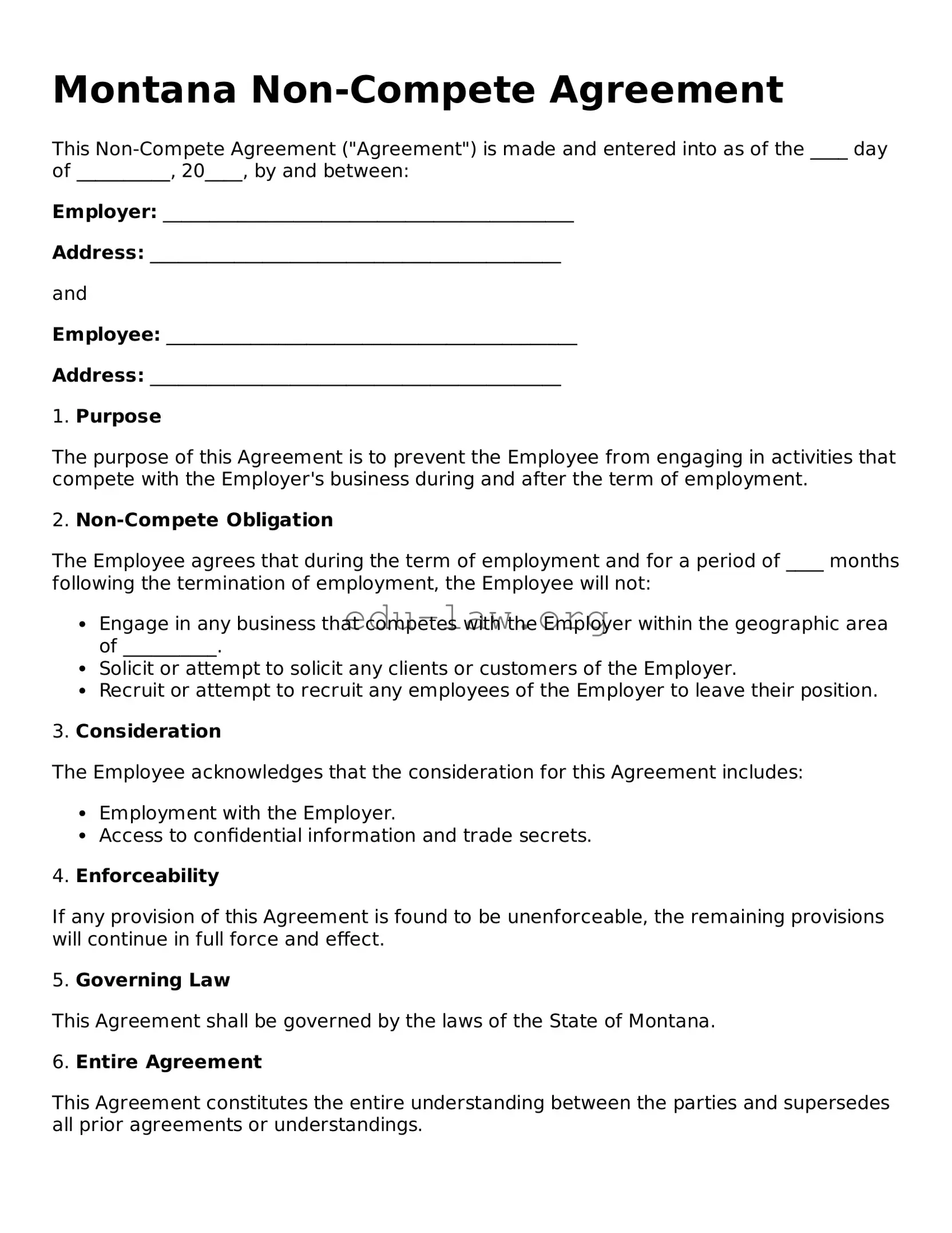 Legal  Non-compete Agreement Template for Montana