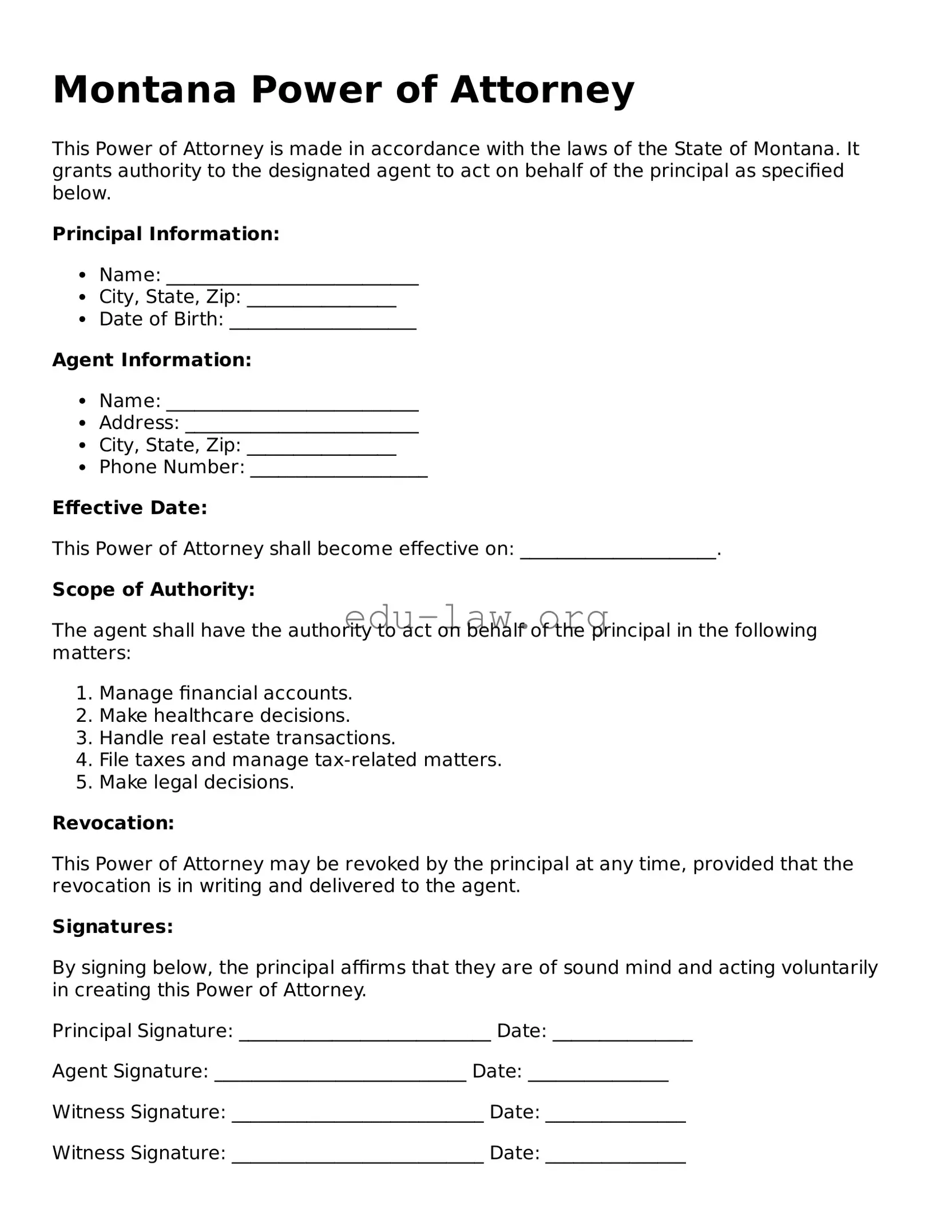 Legal  Power of Attorney Template for Montana