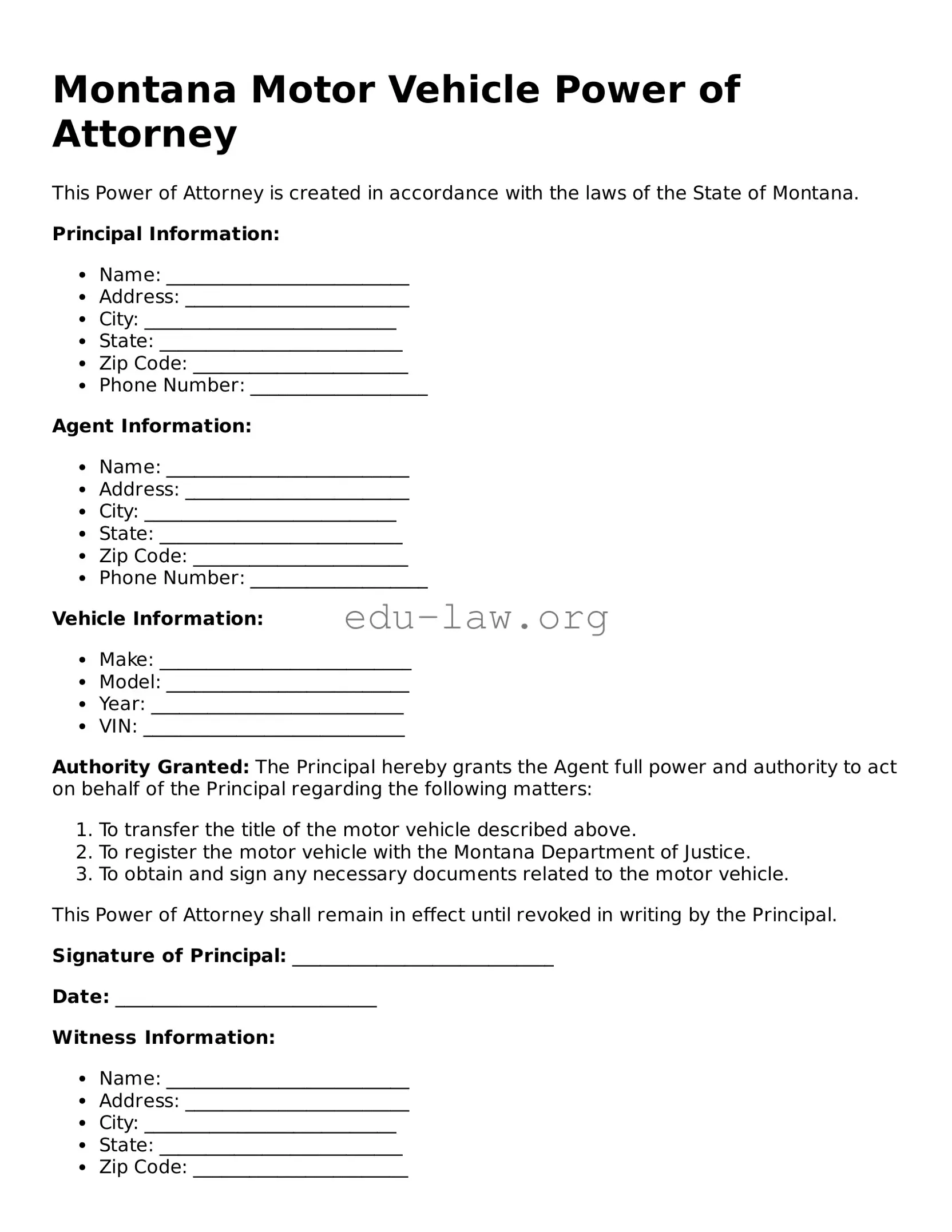 Legal  Motor Vehicle Power of Attorney Template for Montana