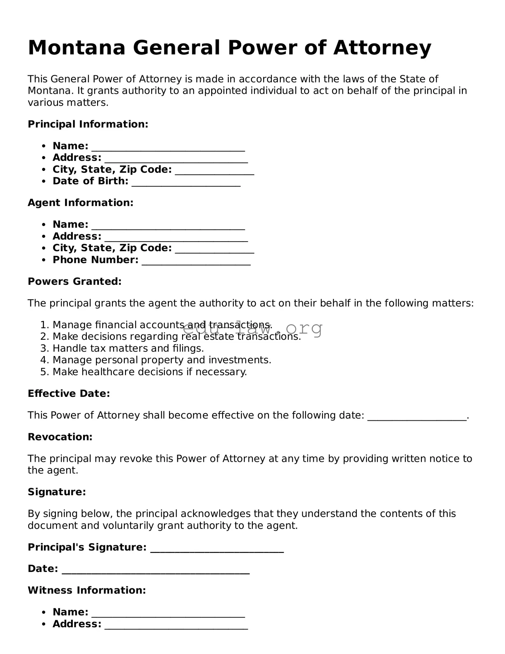 Legal  General Power of Attorney Template for Montana