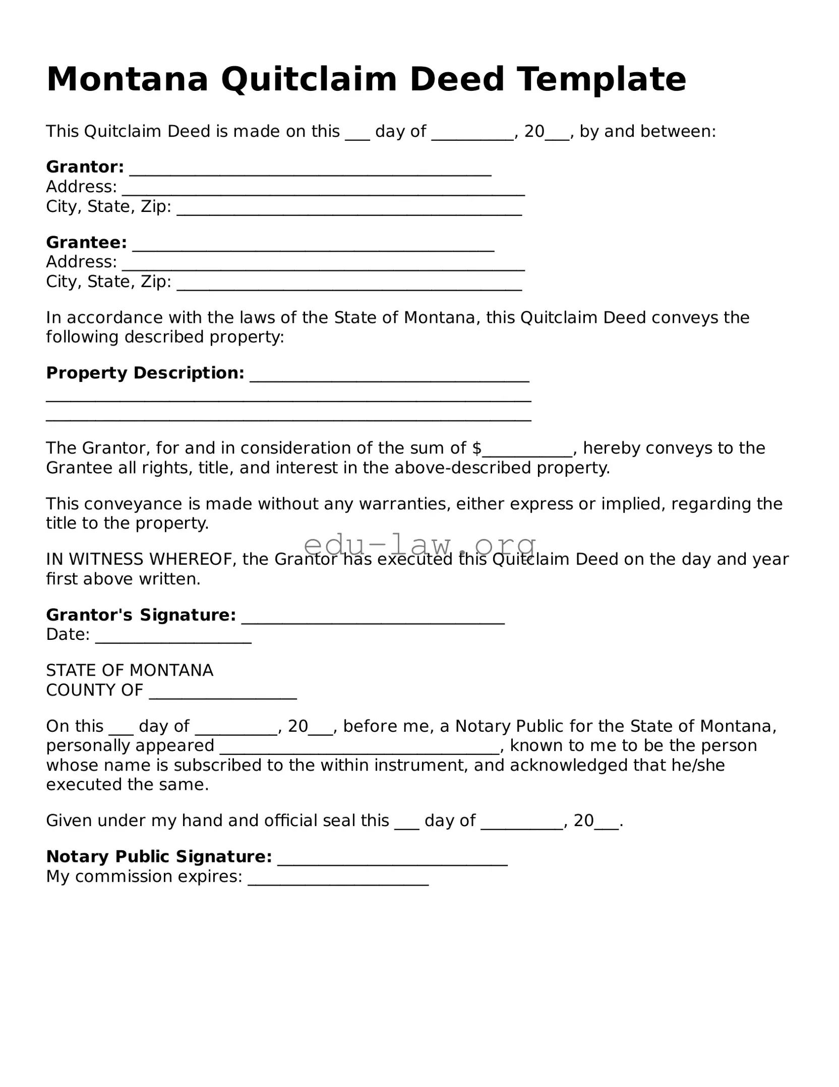Legal  Quitclaim Deed Template for Montana