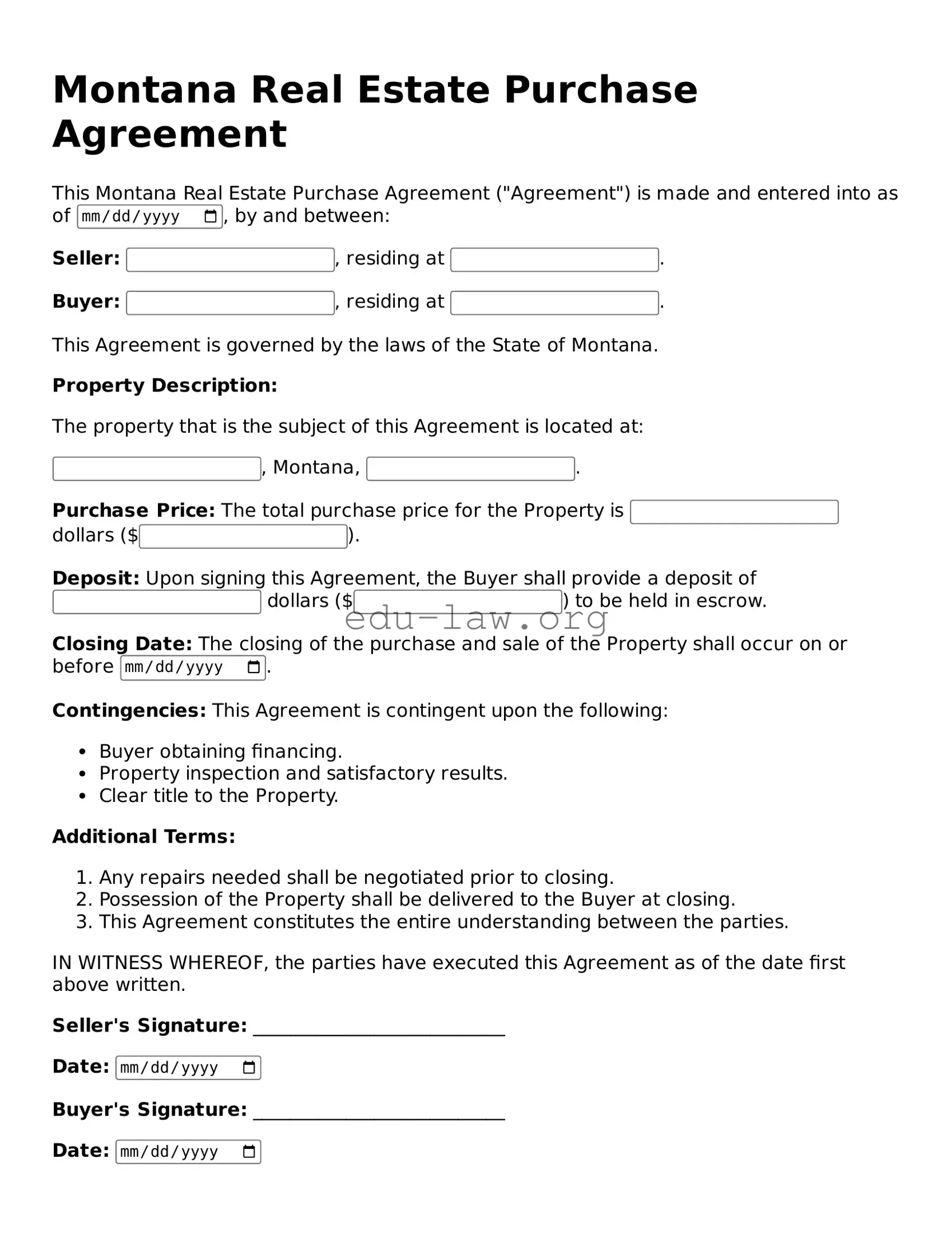 Legal  Real Estate Purchase Agreement Template for Montana