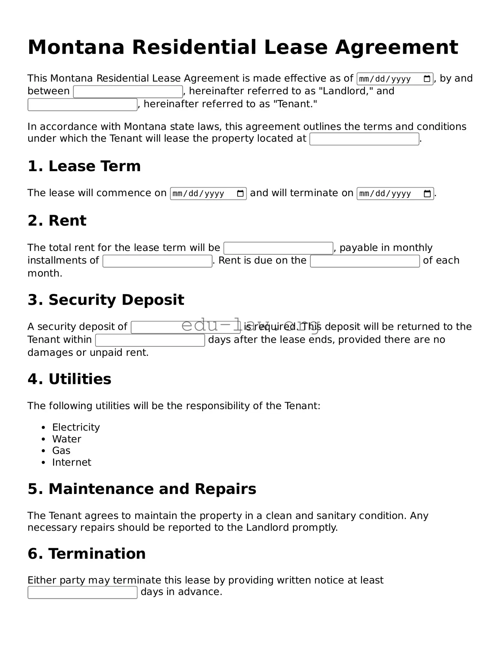 Legal  Residential Lease Agreement Template for Montana