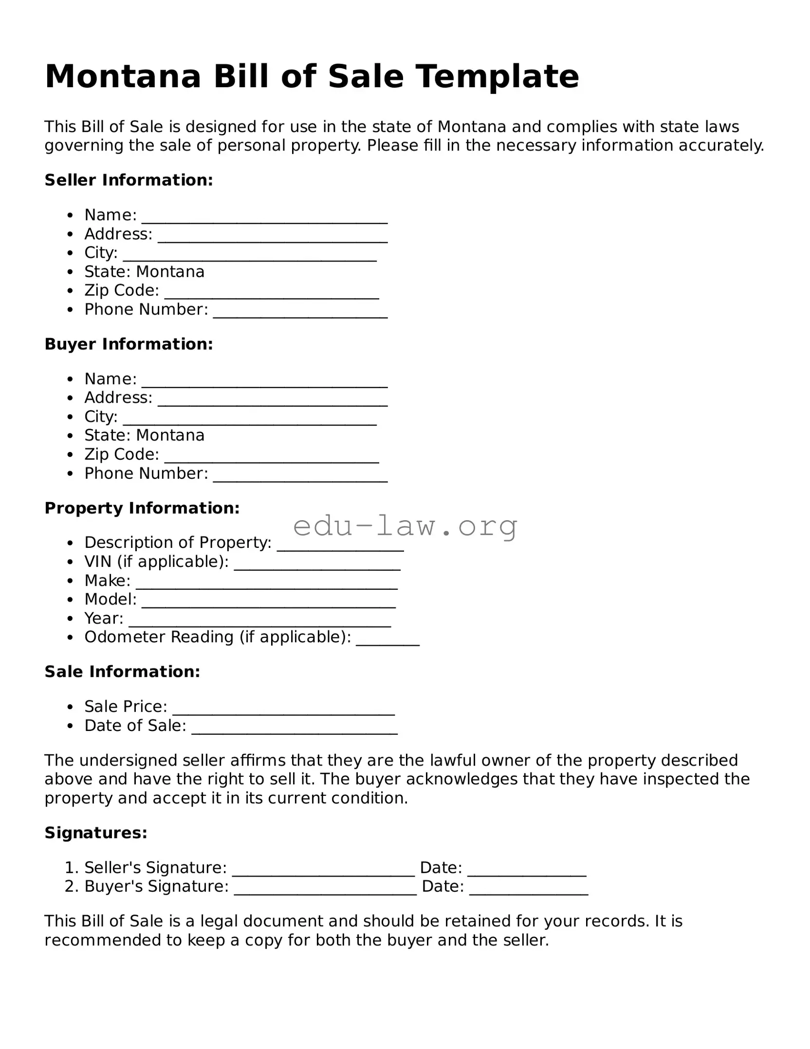 Legal  Bill of Sale Template for Montana