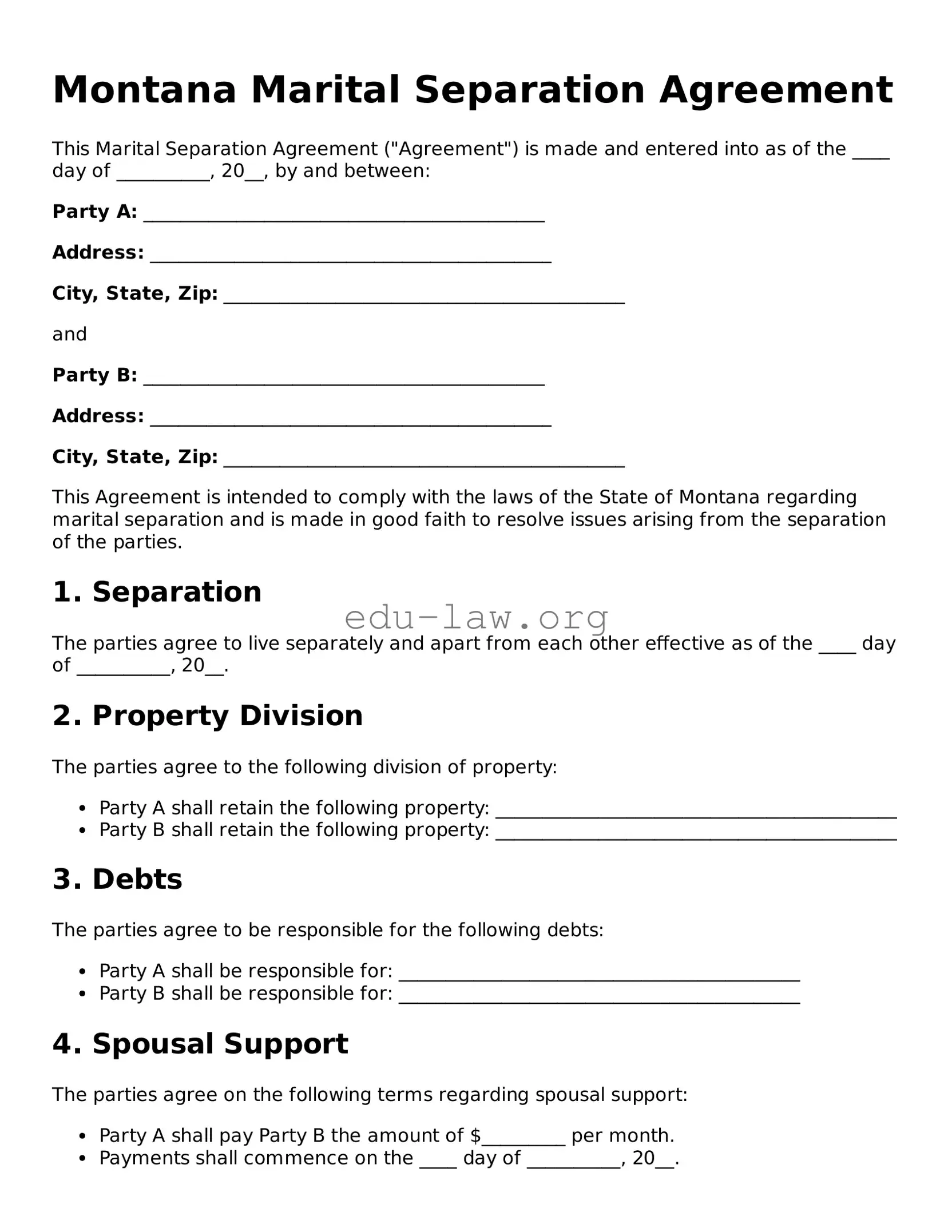 Legal  Marital Separation Agreement Template for Montana