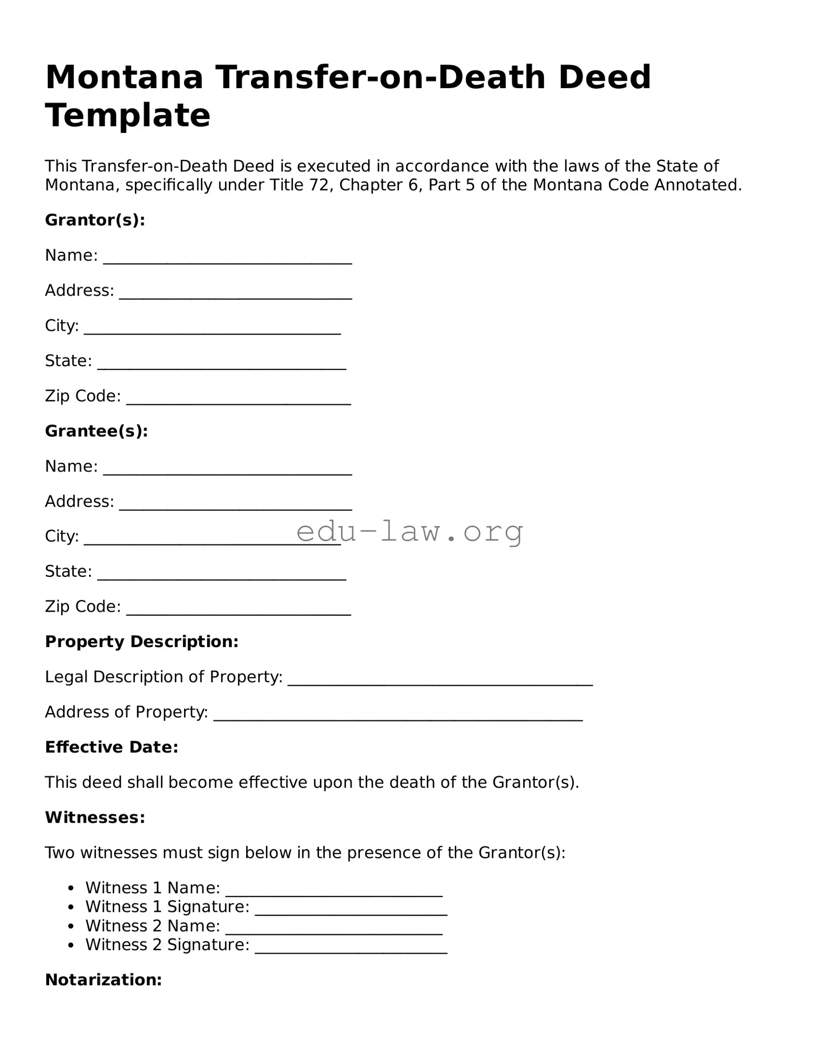 Legal  Transfer-on-Death Deed Template for Montana