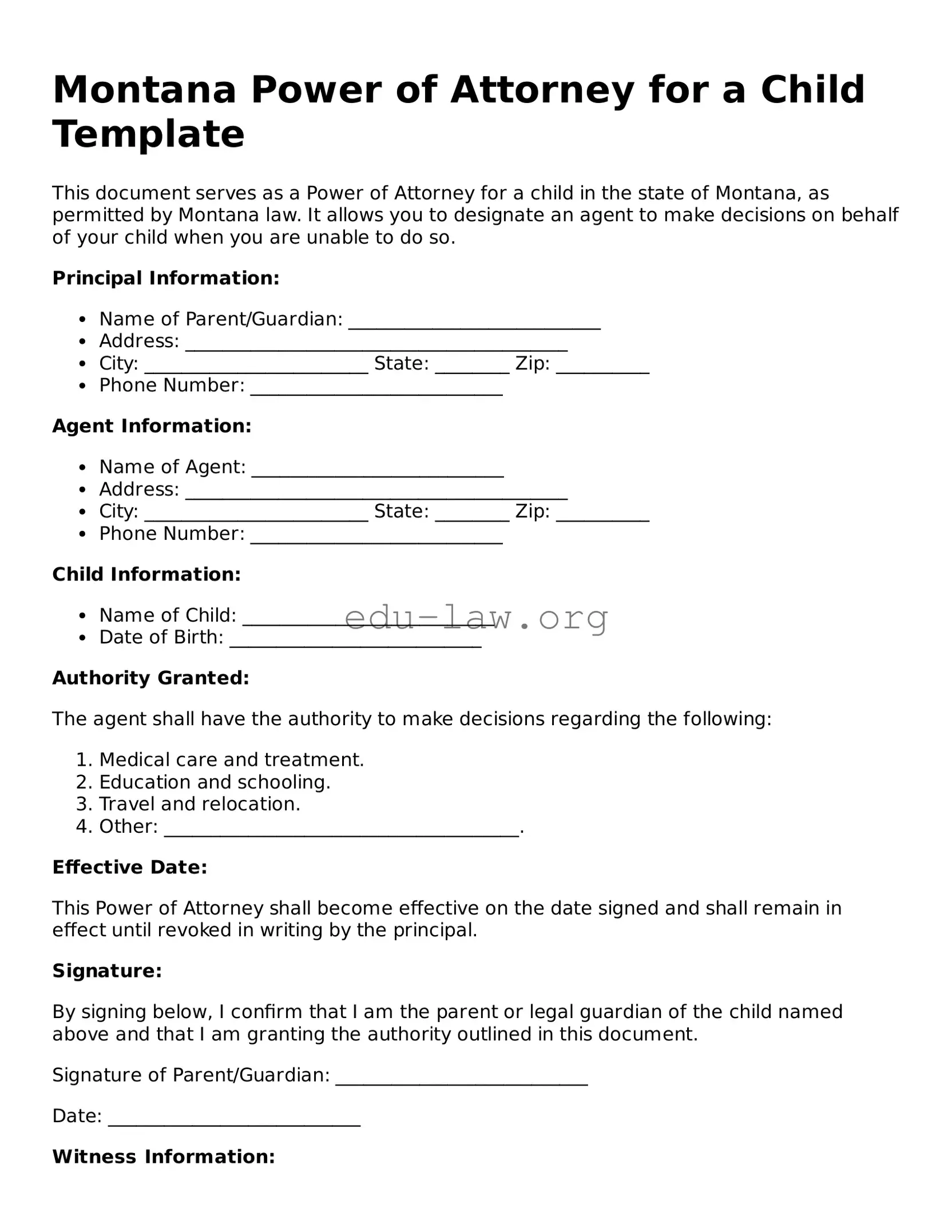 Legal  Power of Attorney for a Child Template for Montana