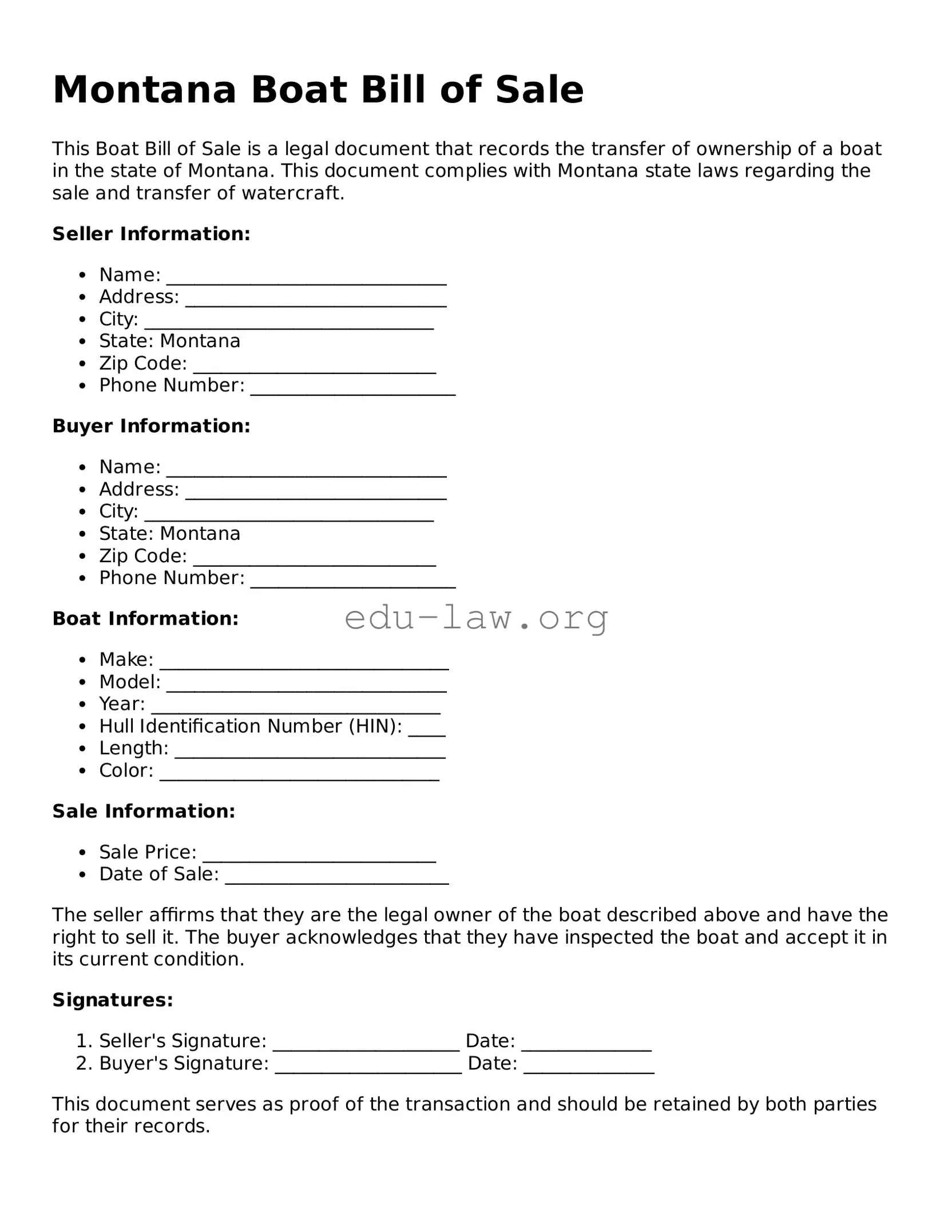Legal  Boat Bill of Sale Template for Montana