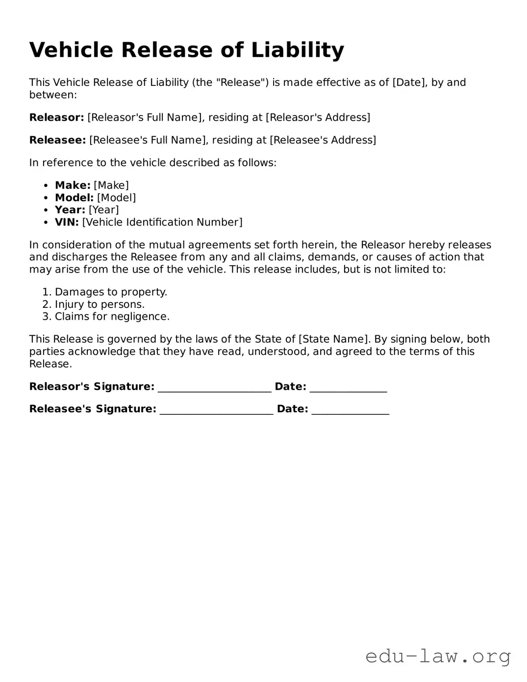 Vehicle Release of Liability Template