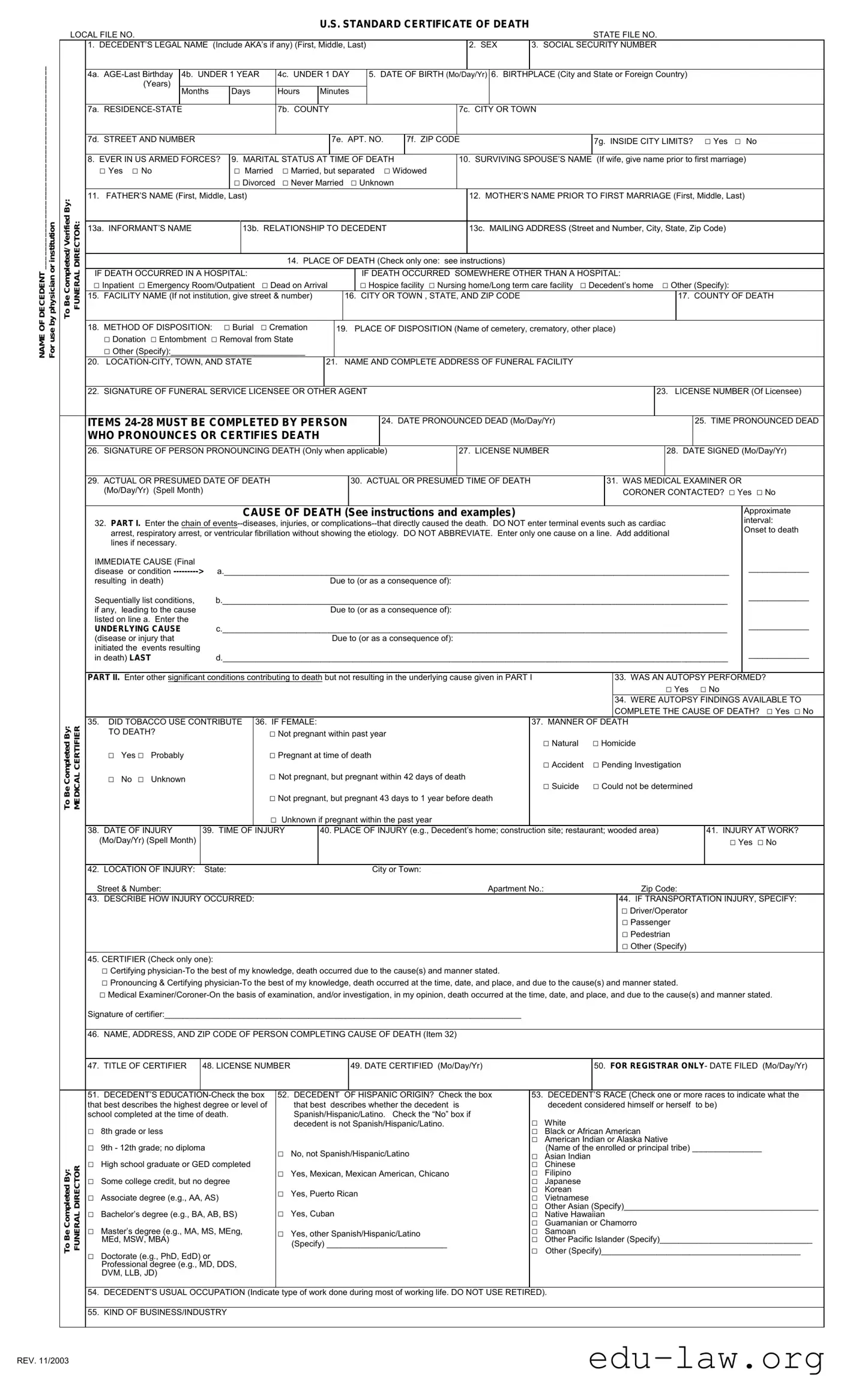 Fill in Your CDC U.S. Standard Certificate of Death Template