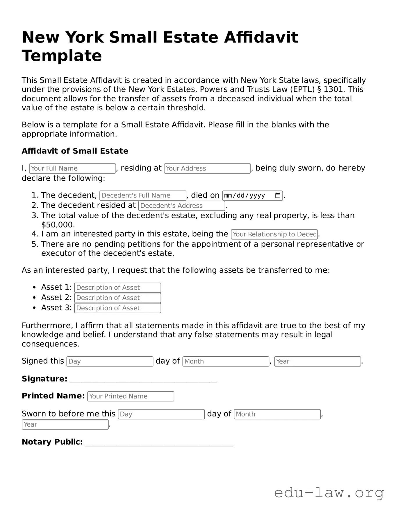 Legal  Small Estate Affidavit Template for New York