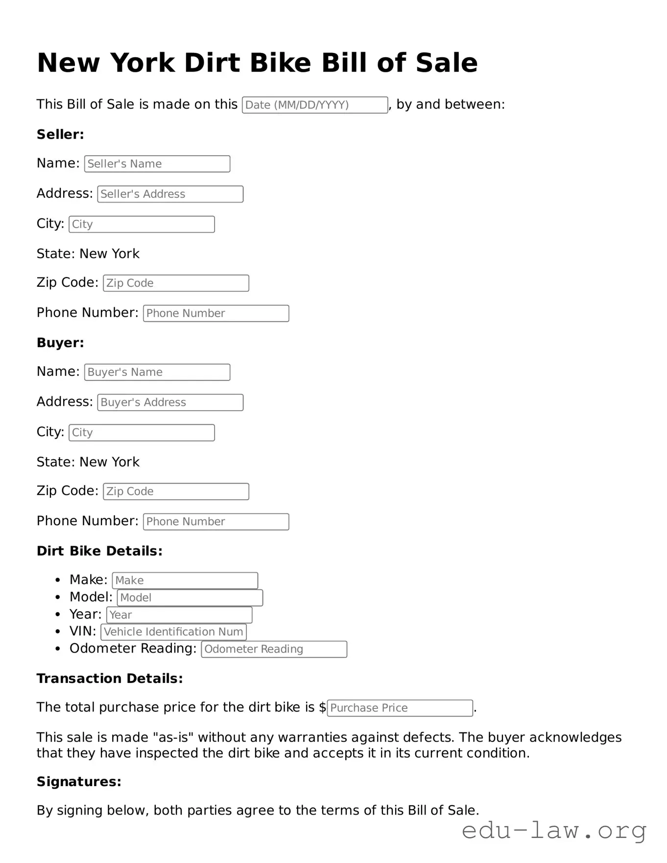 Legal  Dirt Bike Bill of Sale Template for New York