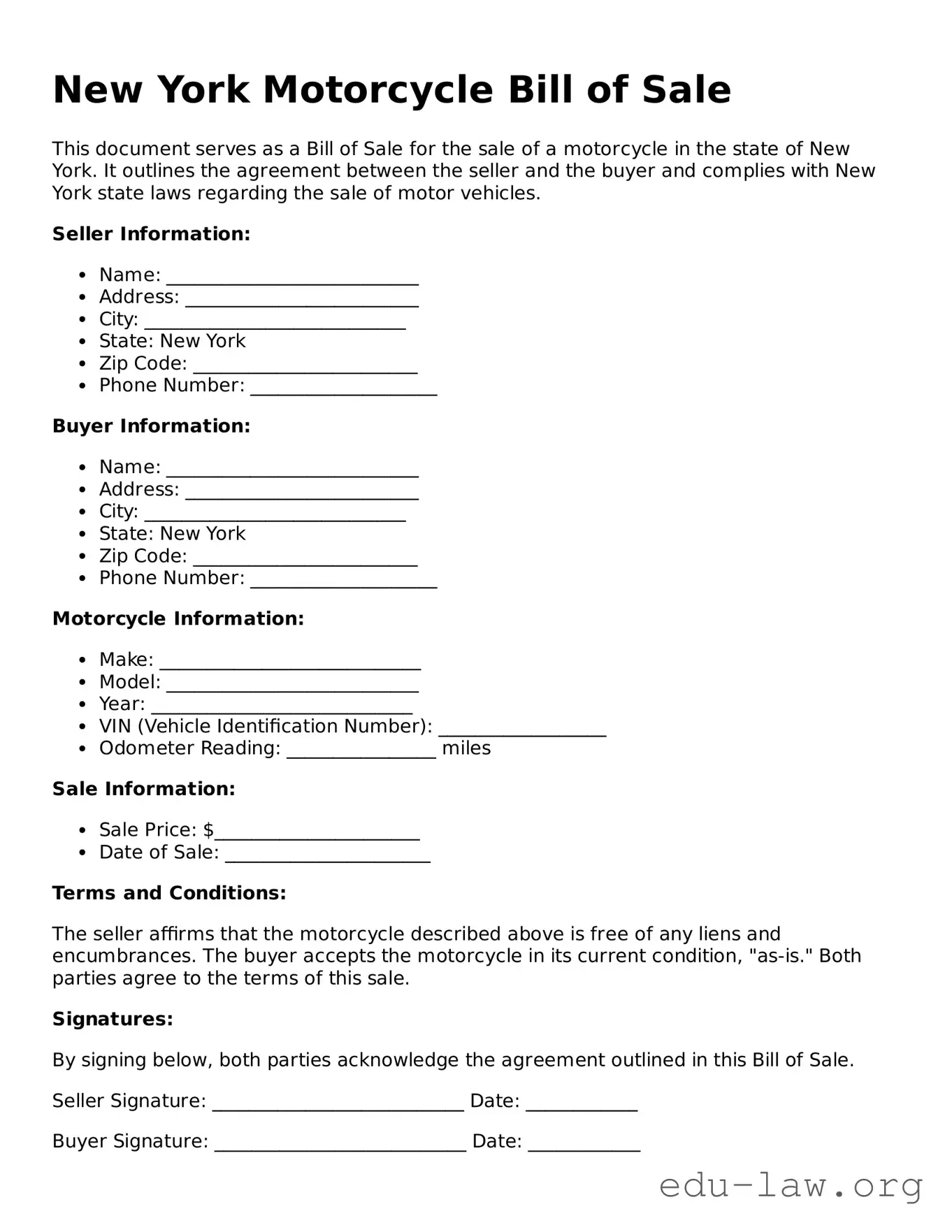 Legal  Motorcycle Bill of Sale Template for New York