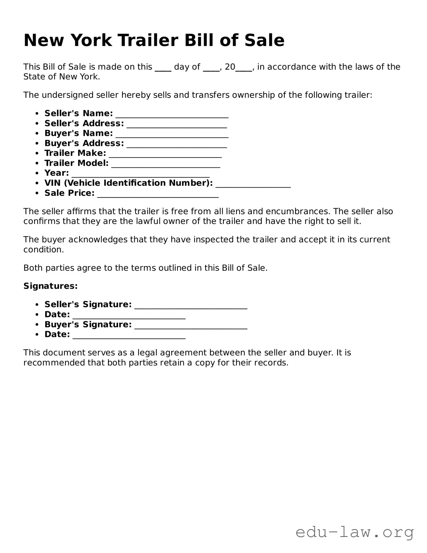 Legal  Trailer Bill of Sale Template for New York