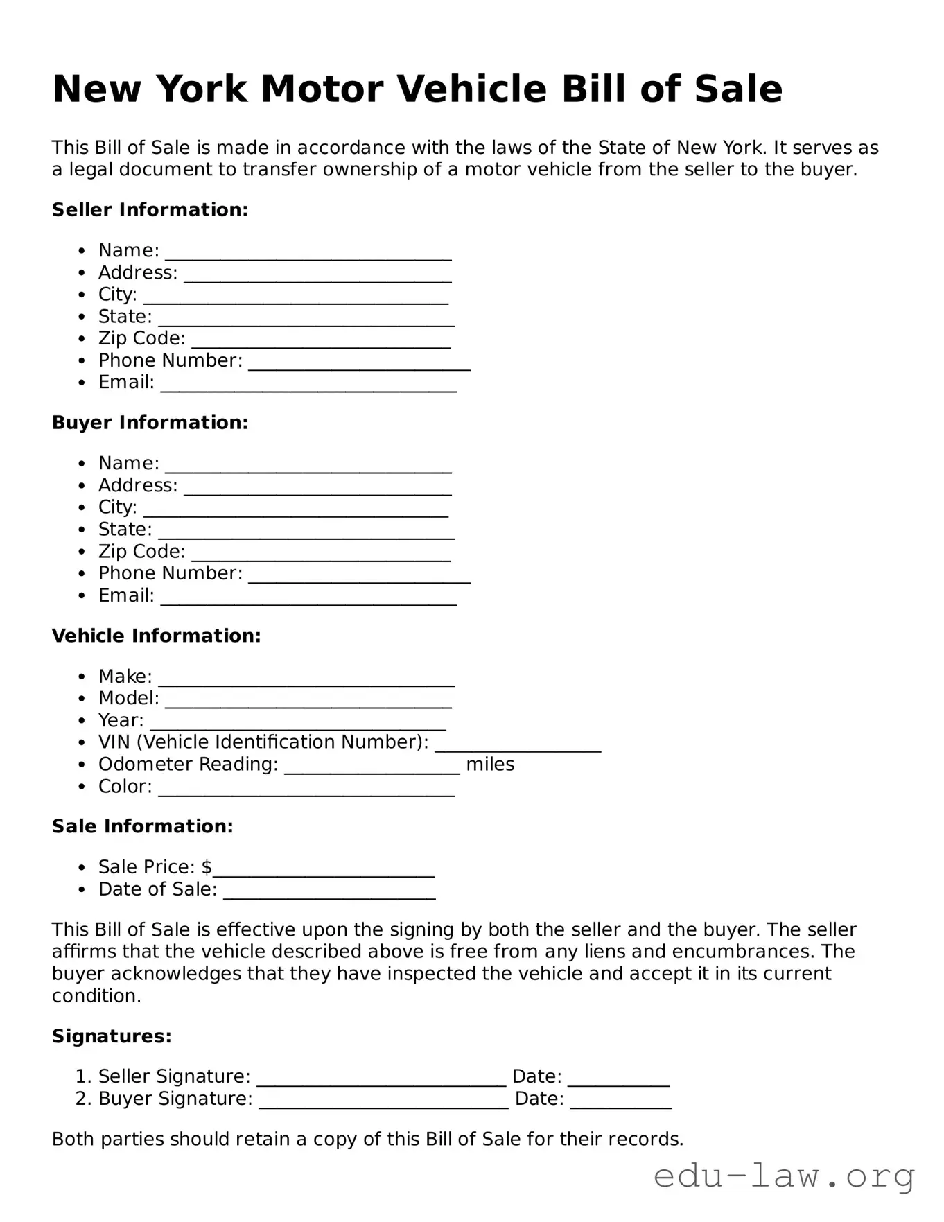 Legal  Motor Vehicle Bill of Sale Template for New York