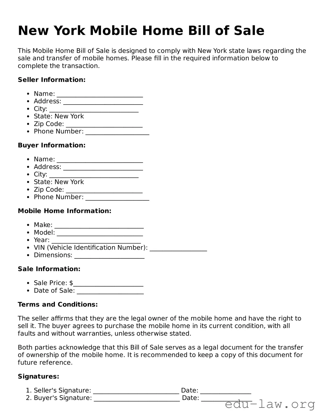 Legal  Mobile Home Bill of Sale Template for New York