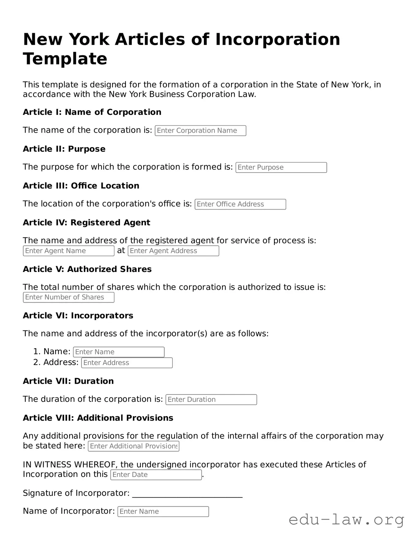 Legal  Articles of Incorporation Template for New York