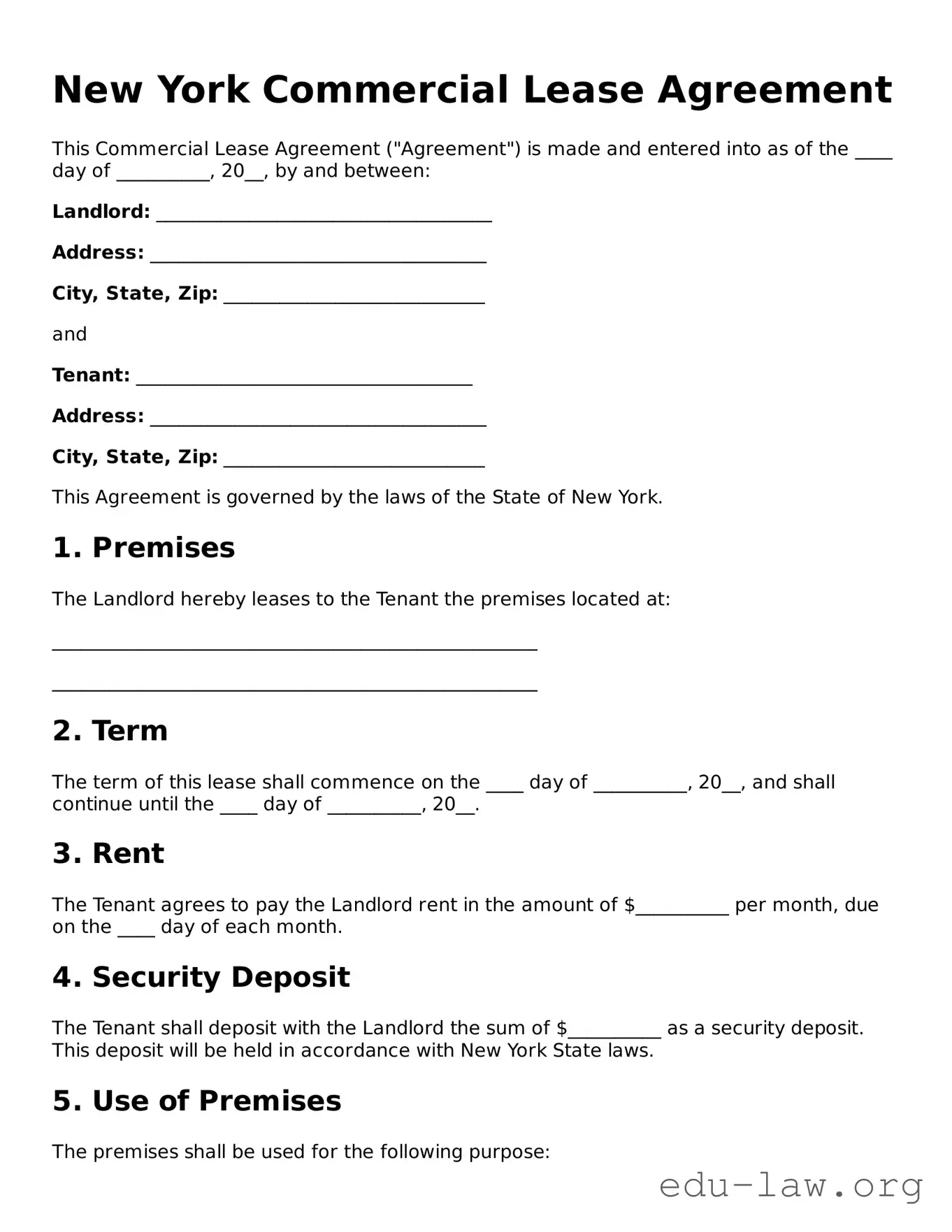 Legal  Commercial Lease Agreement Template for New York