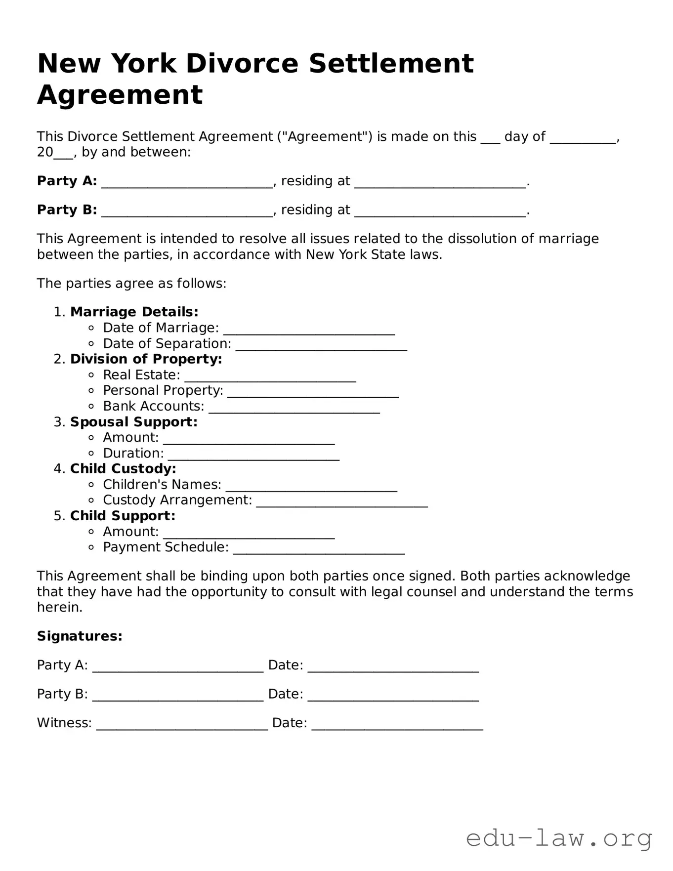 Legal  Divorce Settlement Agreement Template for New York