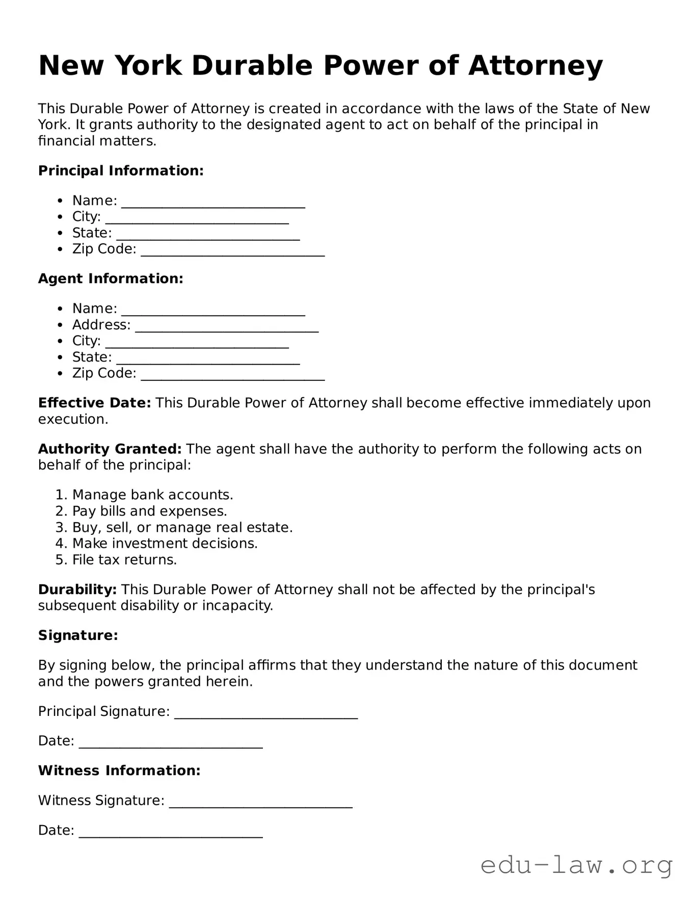 Legal  Durable Power of Attorney Template for New York