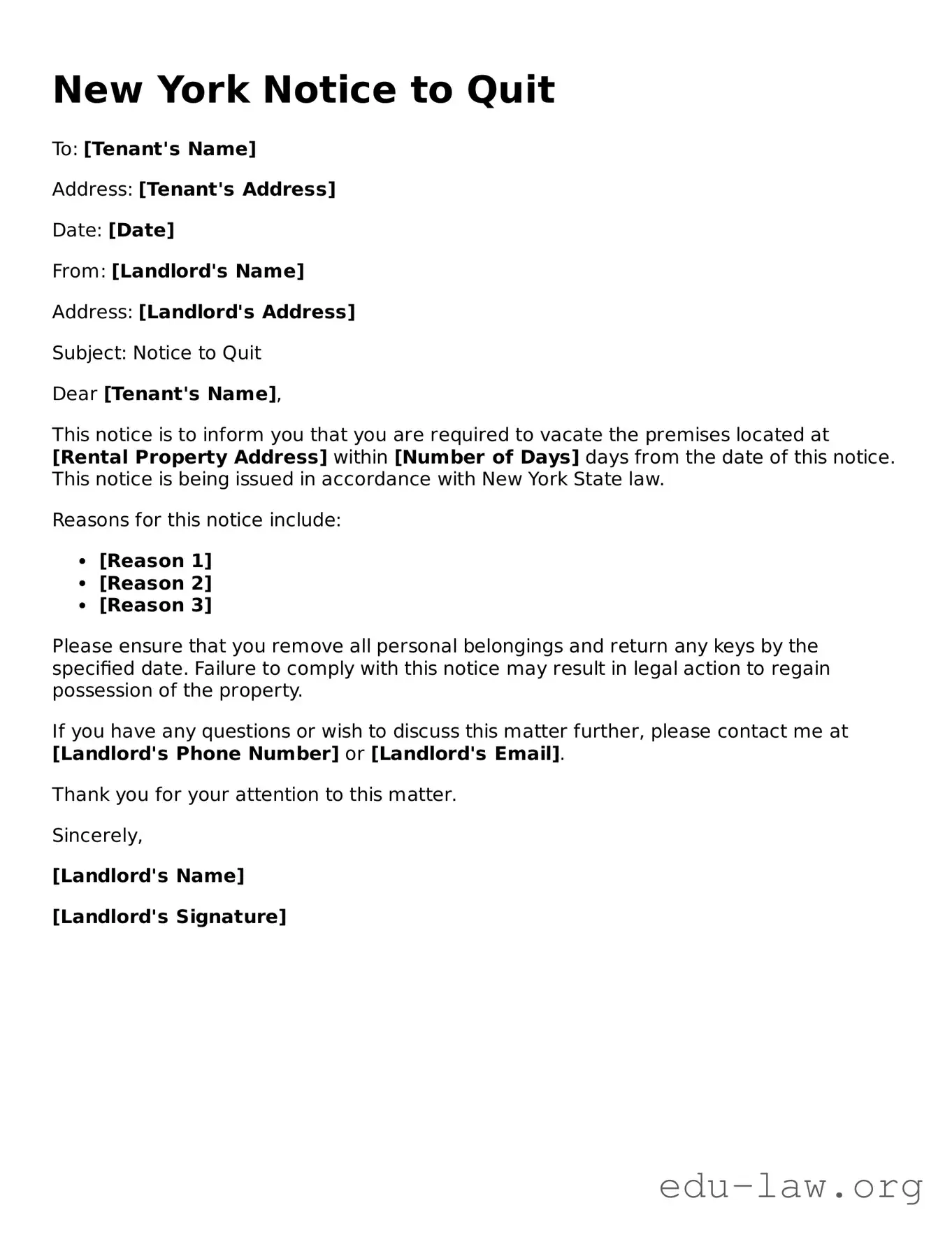 Legal  Notice to Quit Template for New York