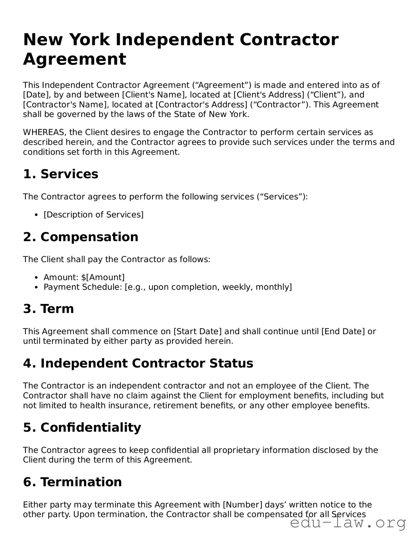 Legal  Independent Contractor Agreement Template for New York
