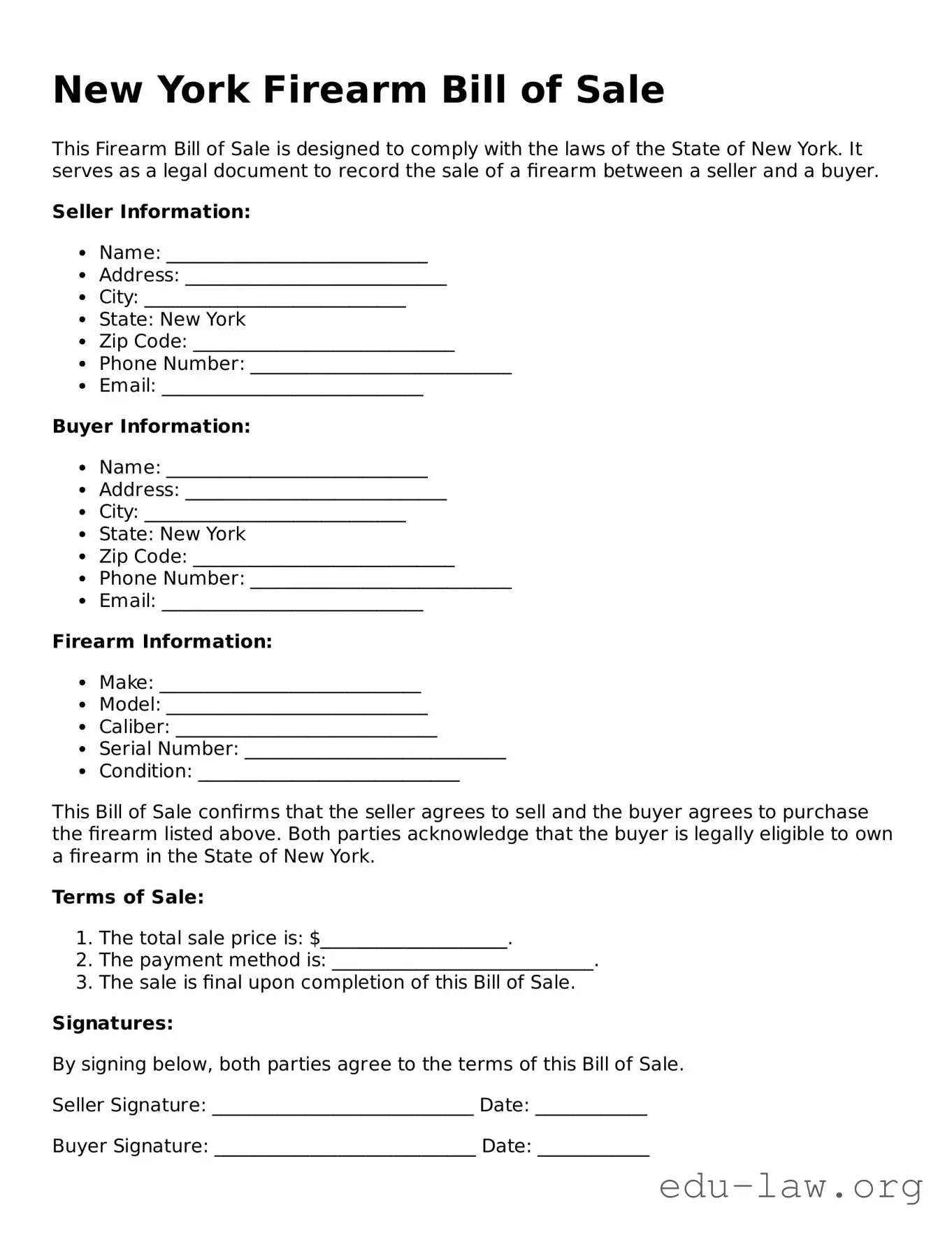 Legal  Firearm Bill of Sale Template for New York