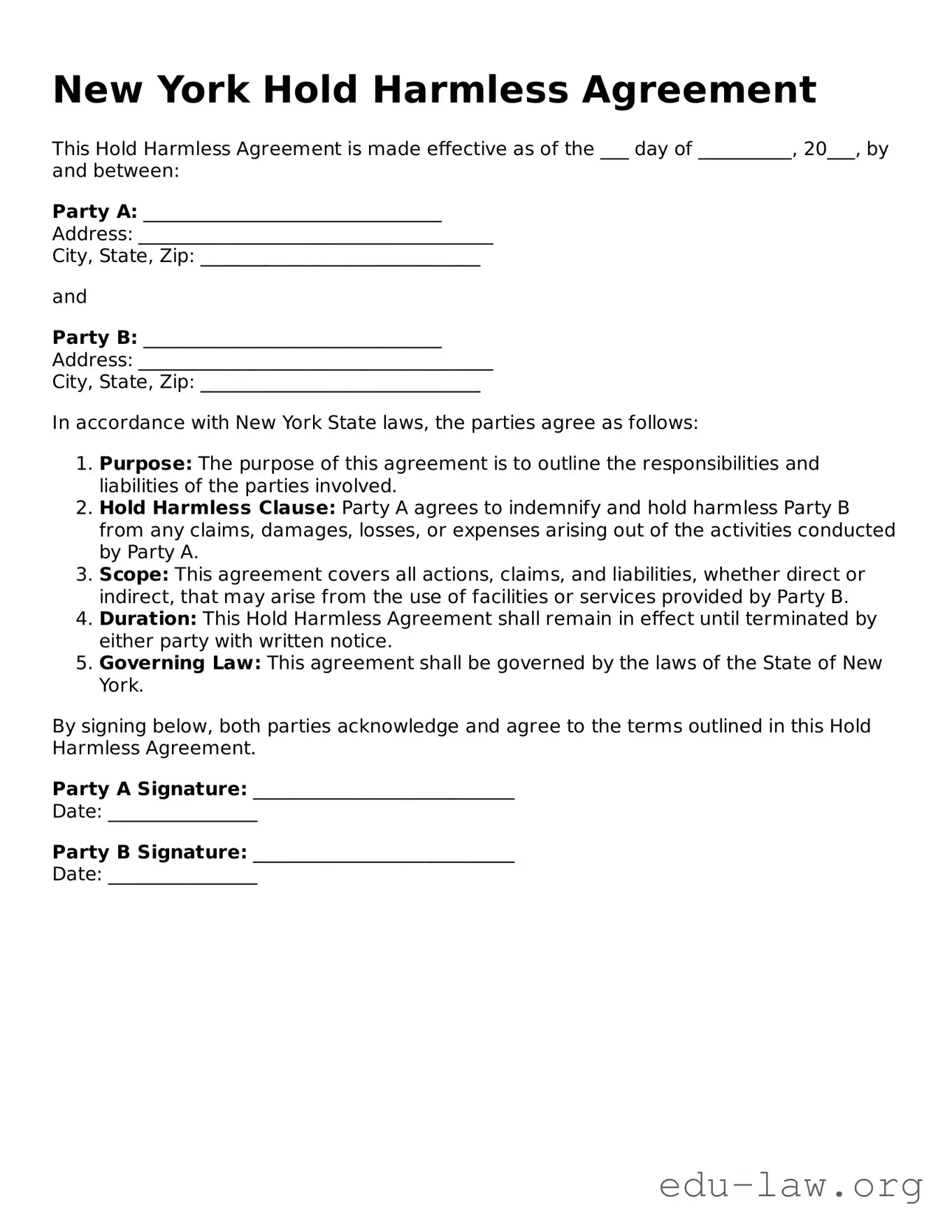 Legal  Hold Harmless Agreement Template for New York