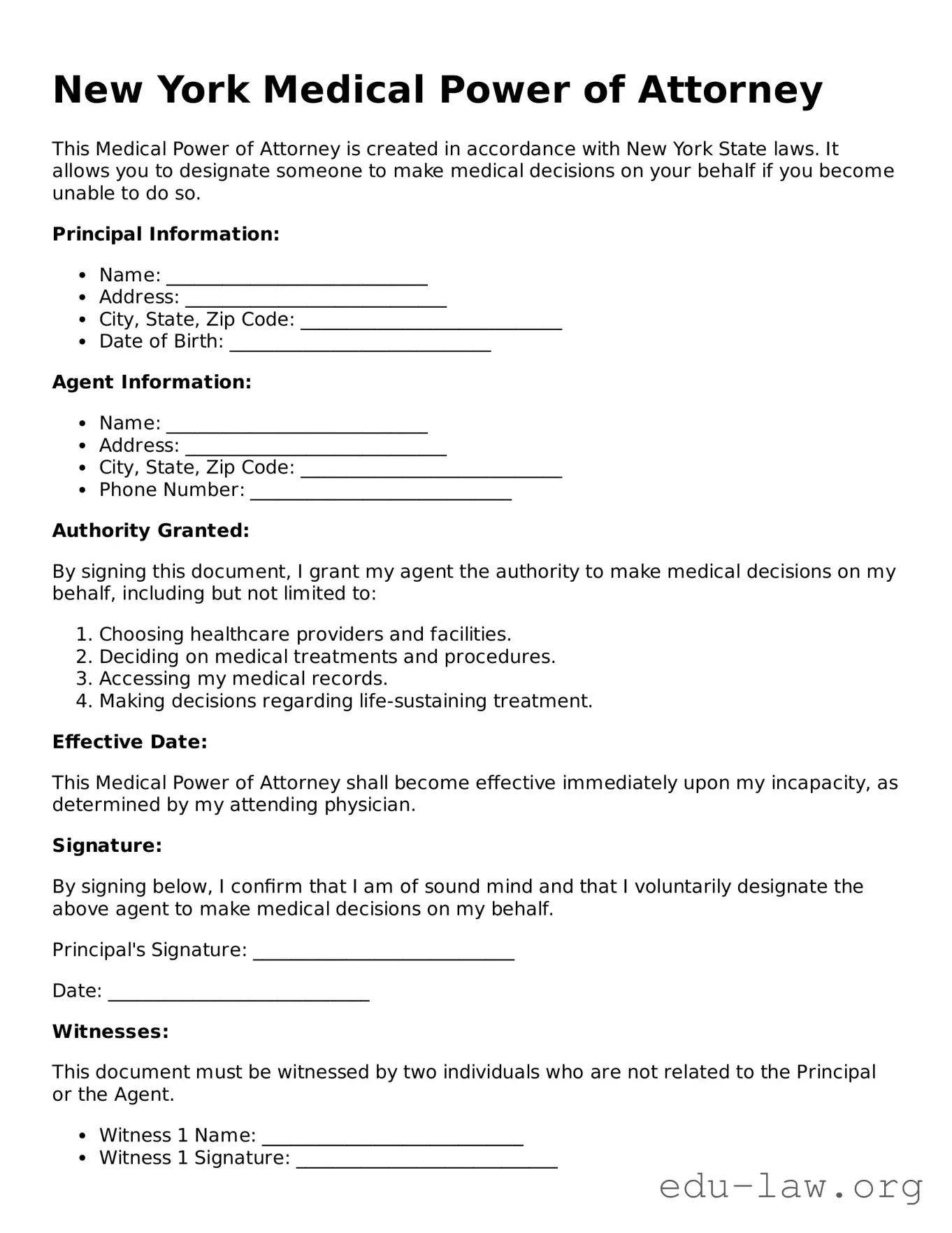 Legal  Medical Power of Attorney Template for New York