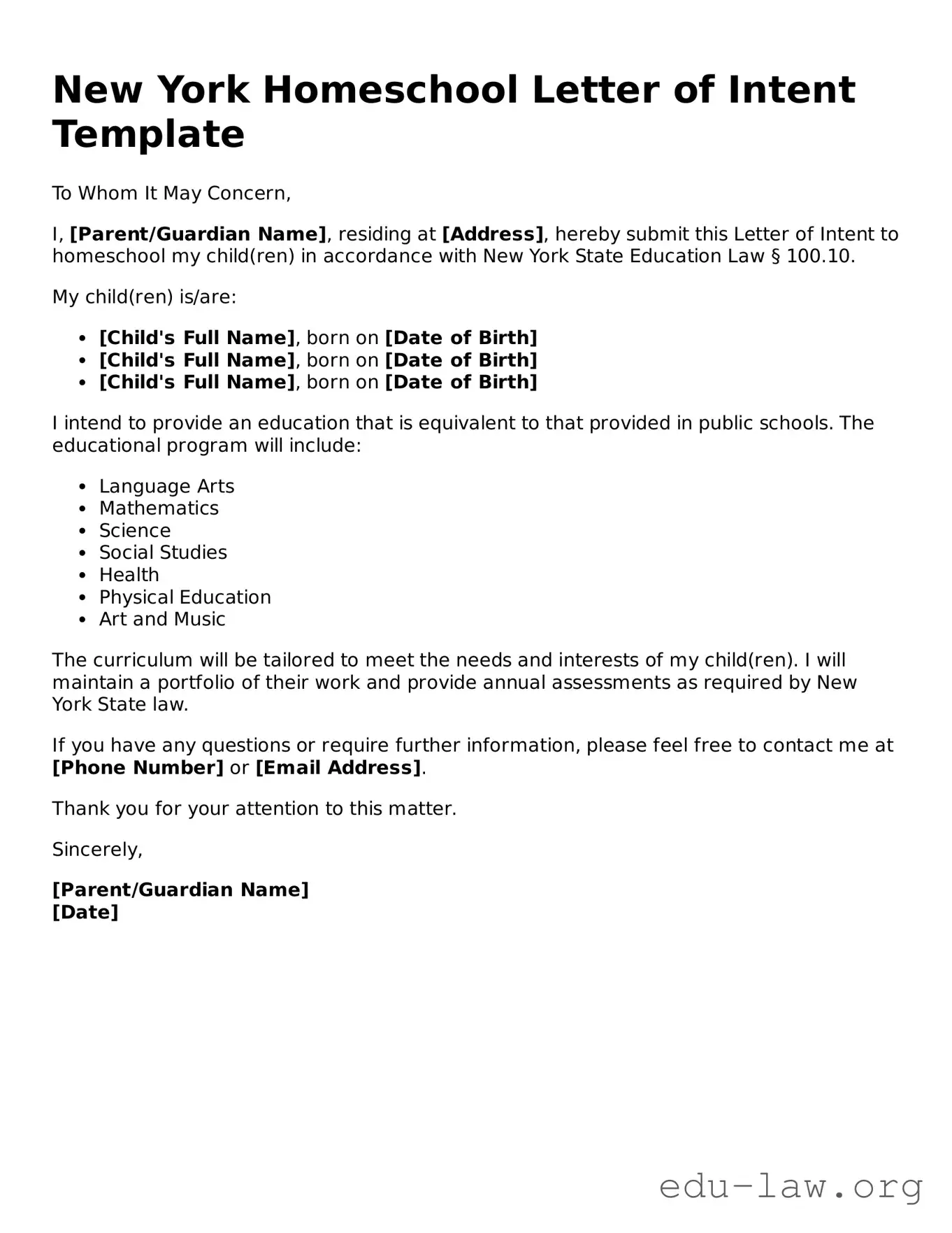 Legal  Homeschool Letter of Intent Template for New York