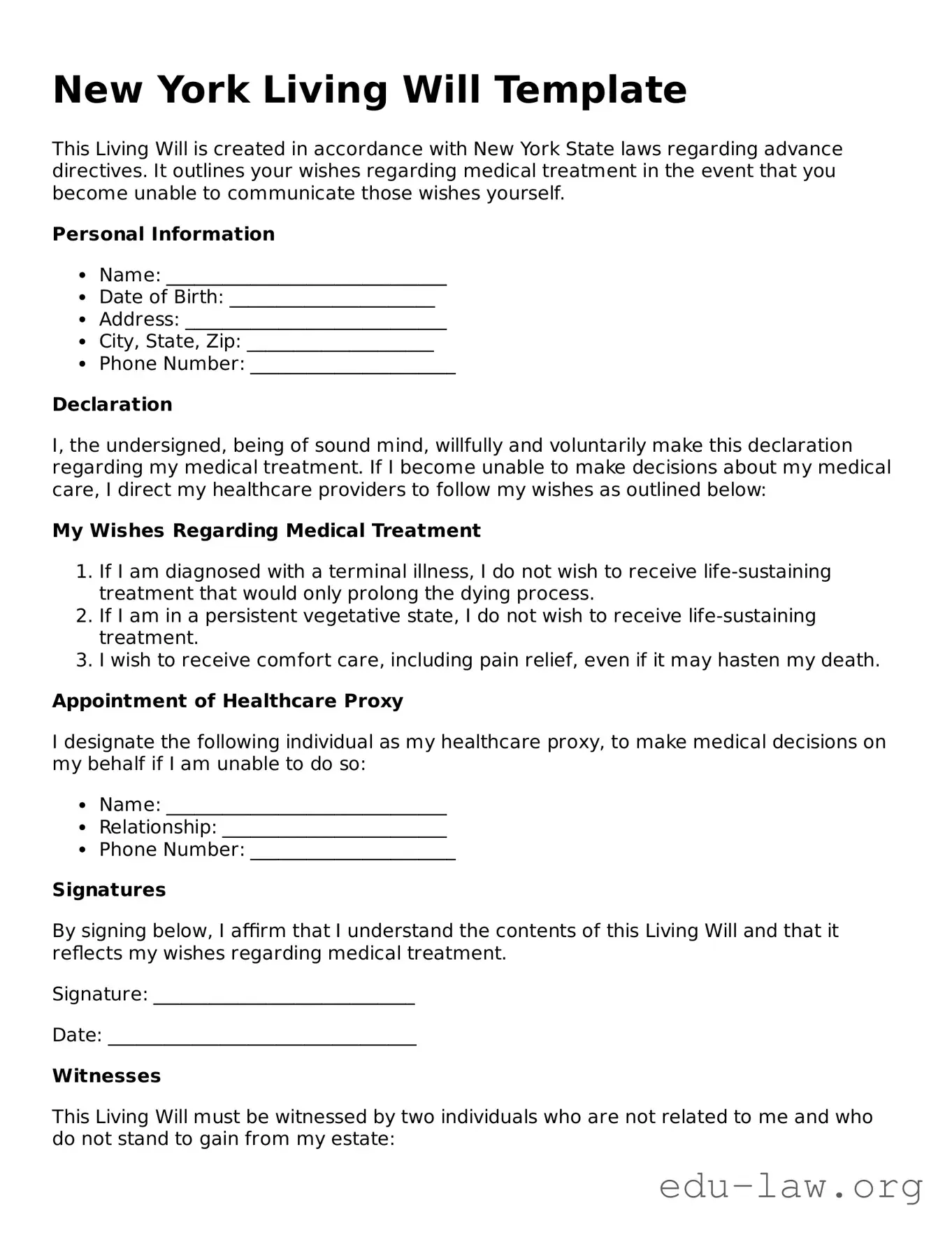 Legal  Living Will Template for New York