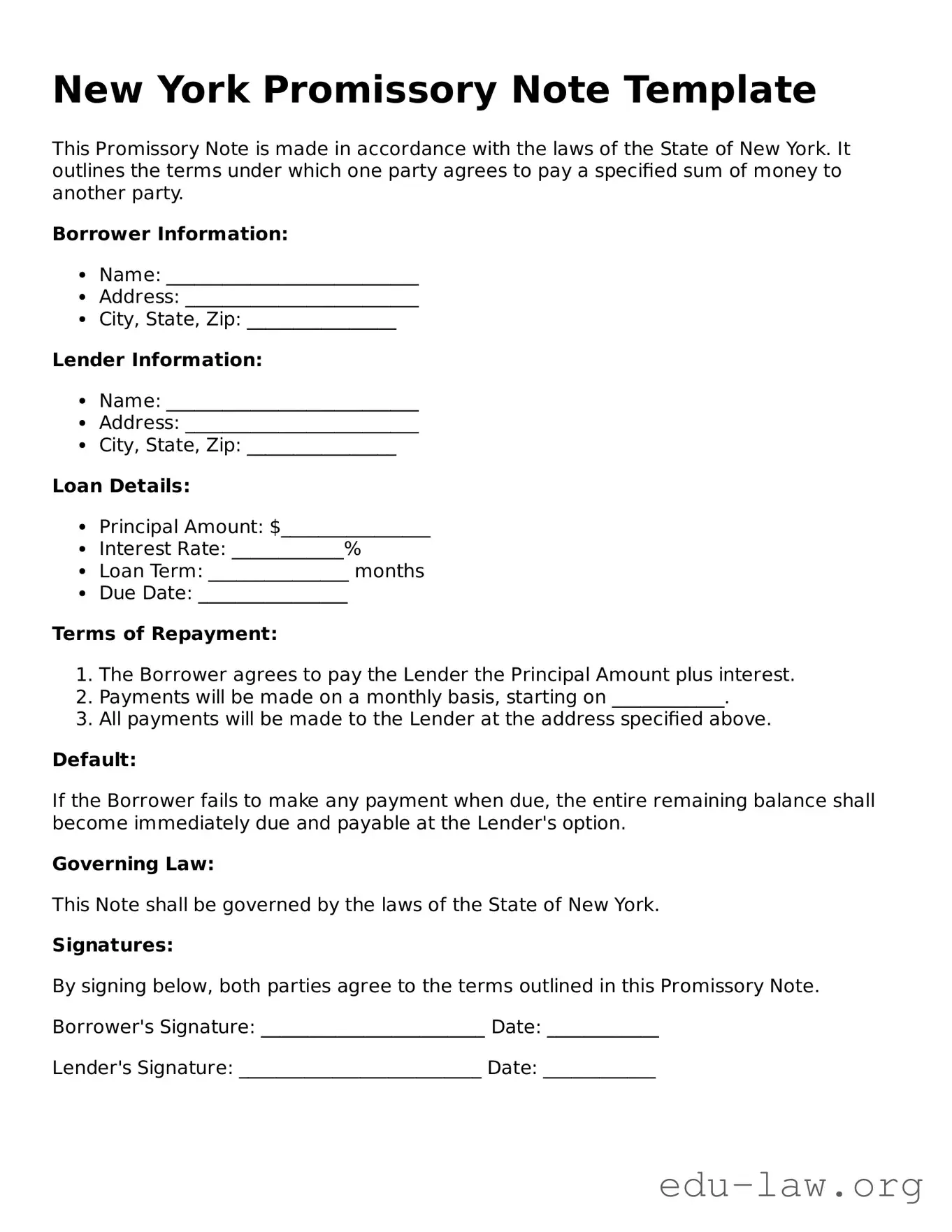 Legal  Promissory Note Template for New York