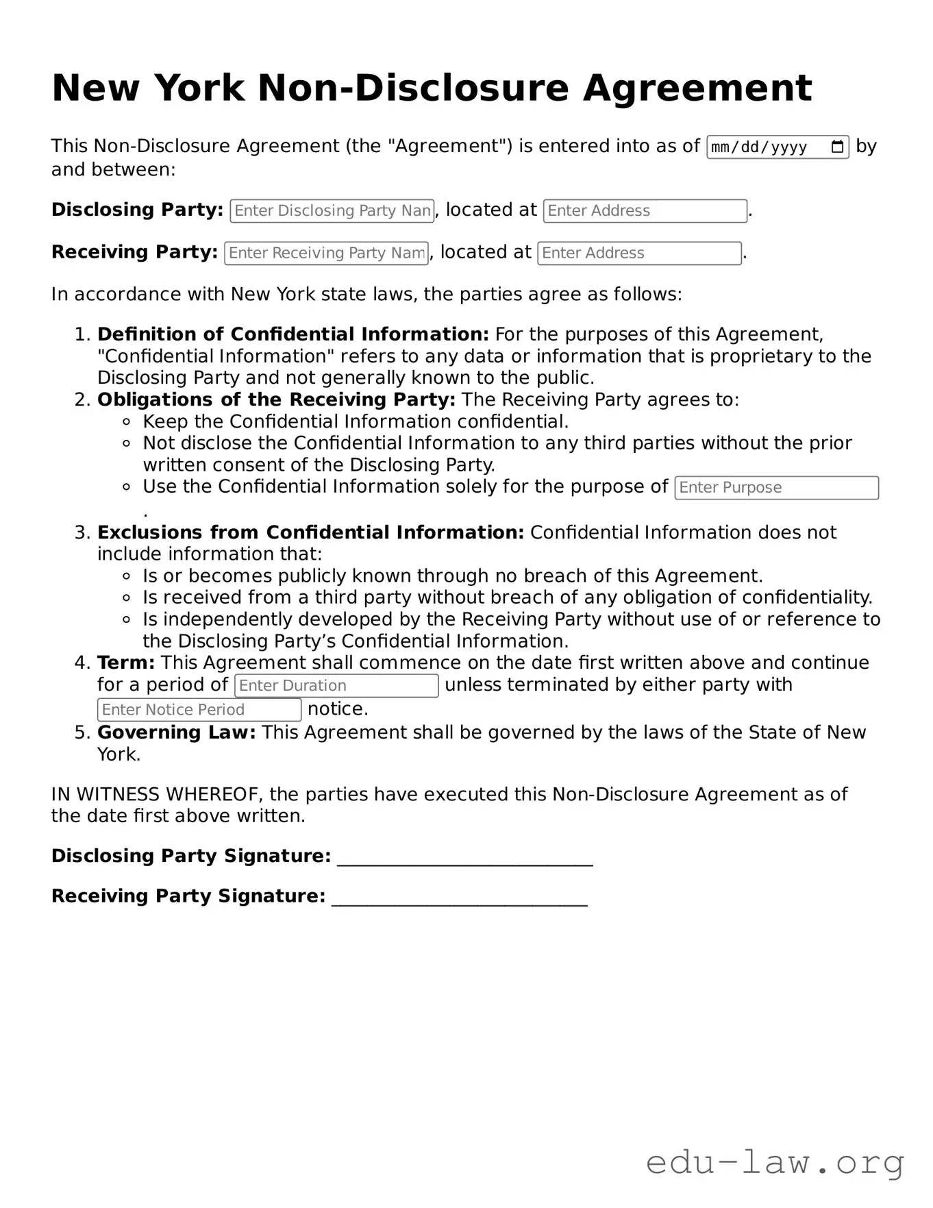 Legal  Non-disclosure Agreement Template for New York