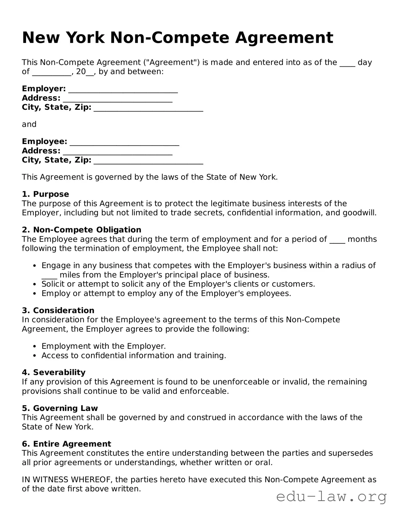 Legal  Non-compete Agreement Template for New York