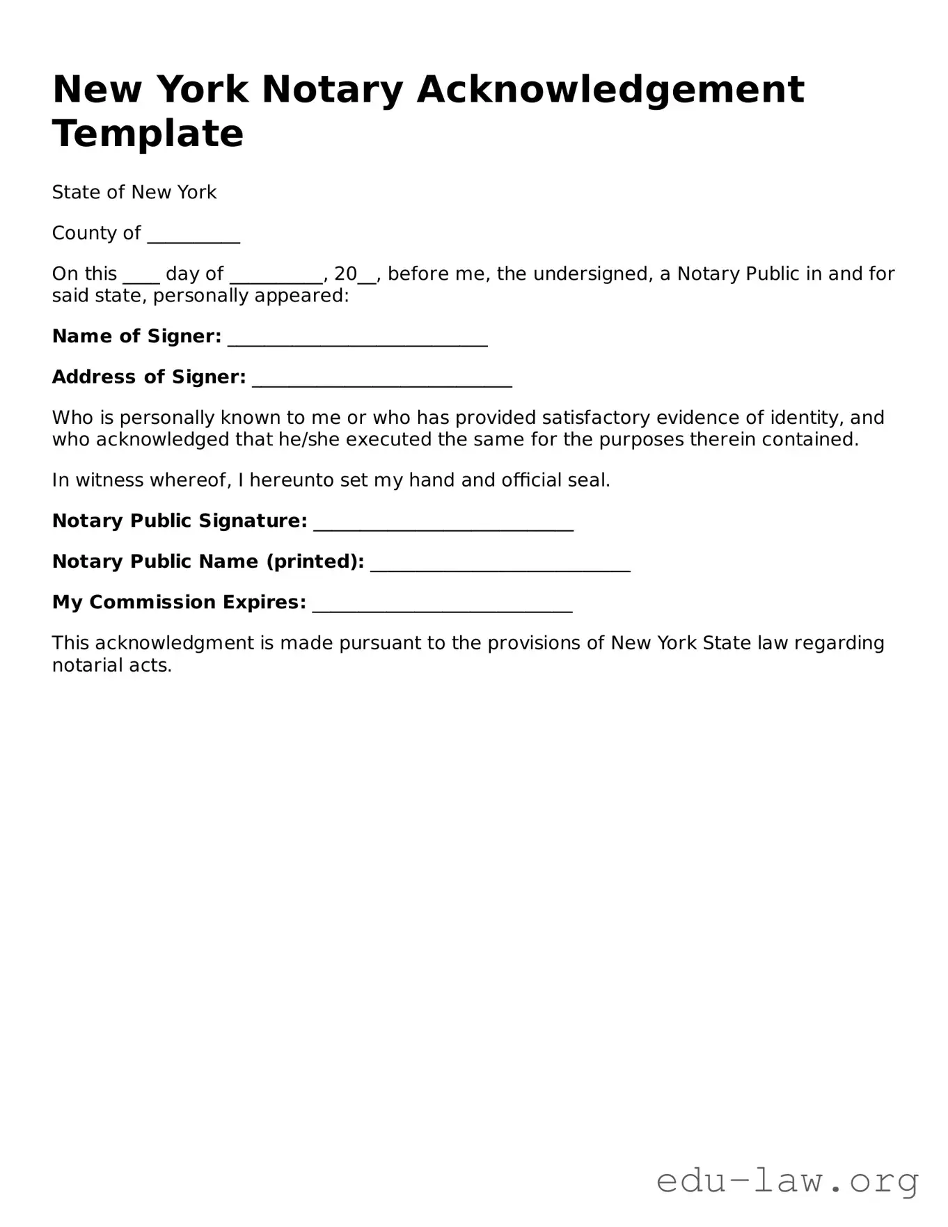 Legal  Notary Acknowledgement Template for New York