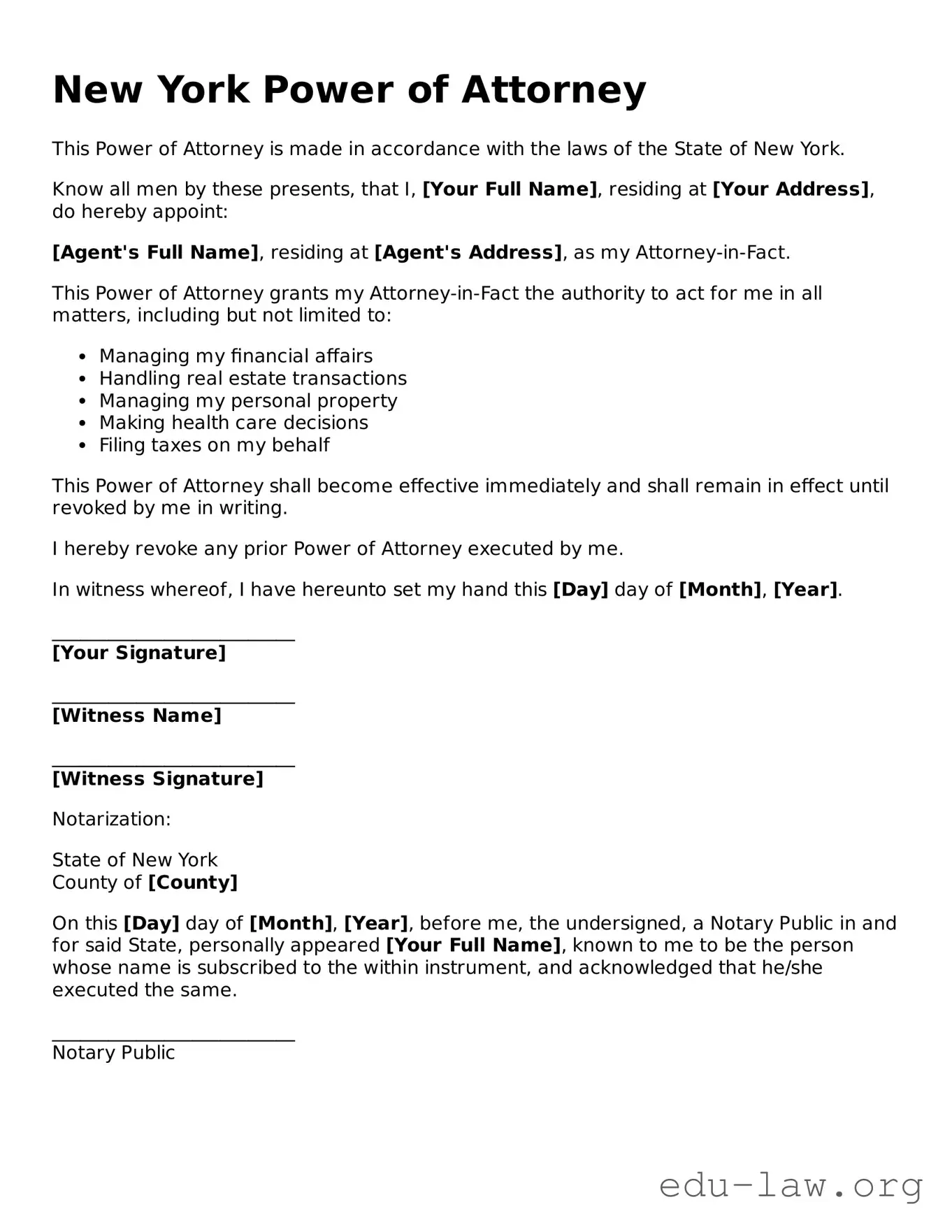 Legal  Power of Attorney Template for New York