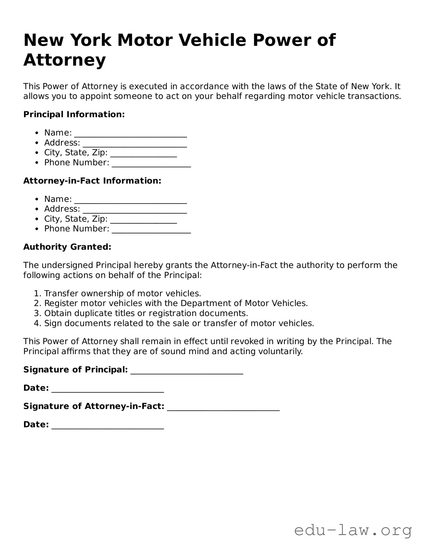 Legal  Motor Vehicle Power of Attorney Template for New York
