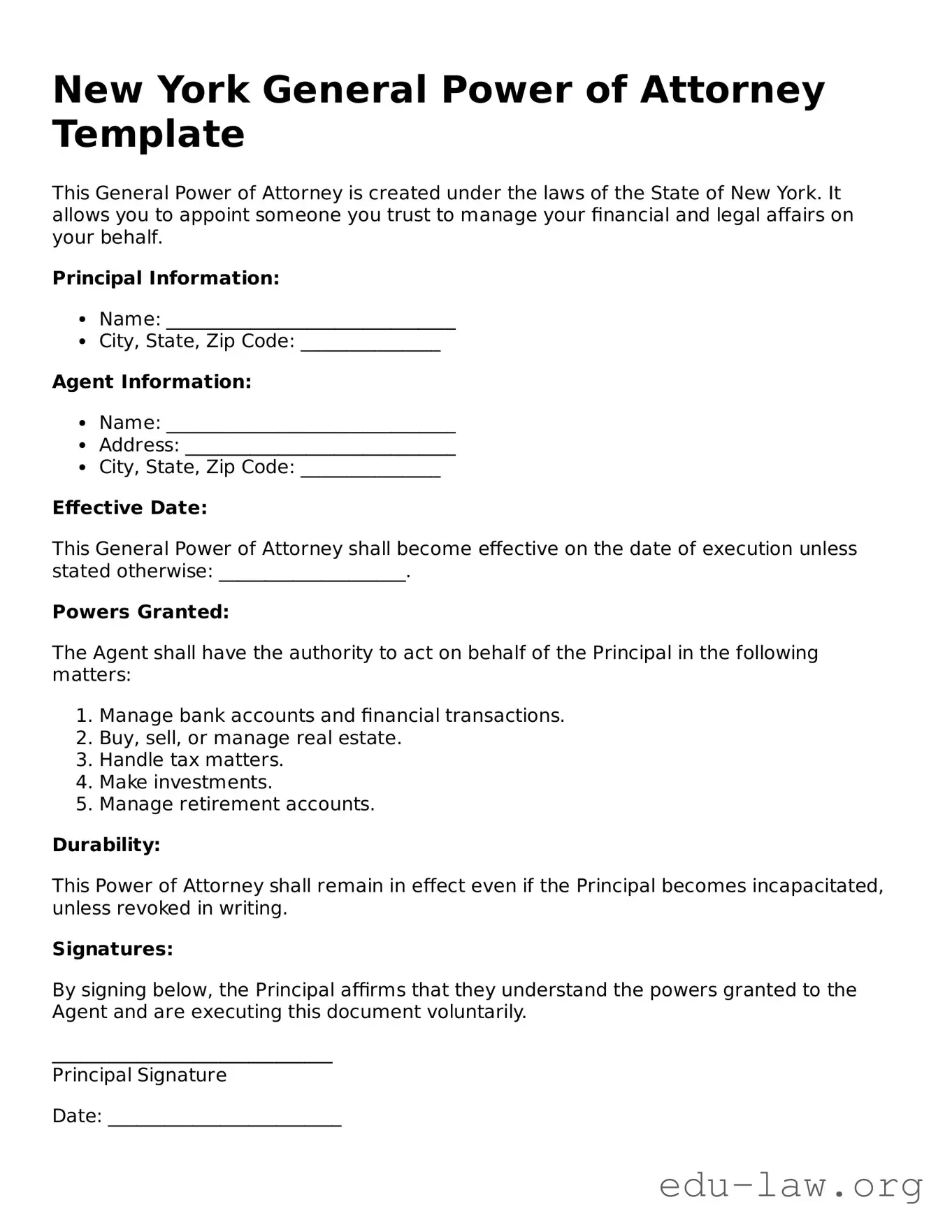 Legal  General Power of Attorney Template for New York