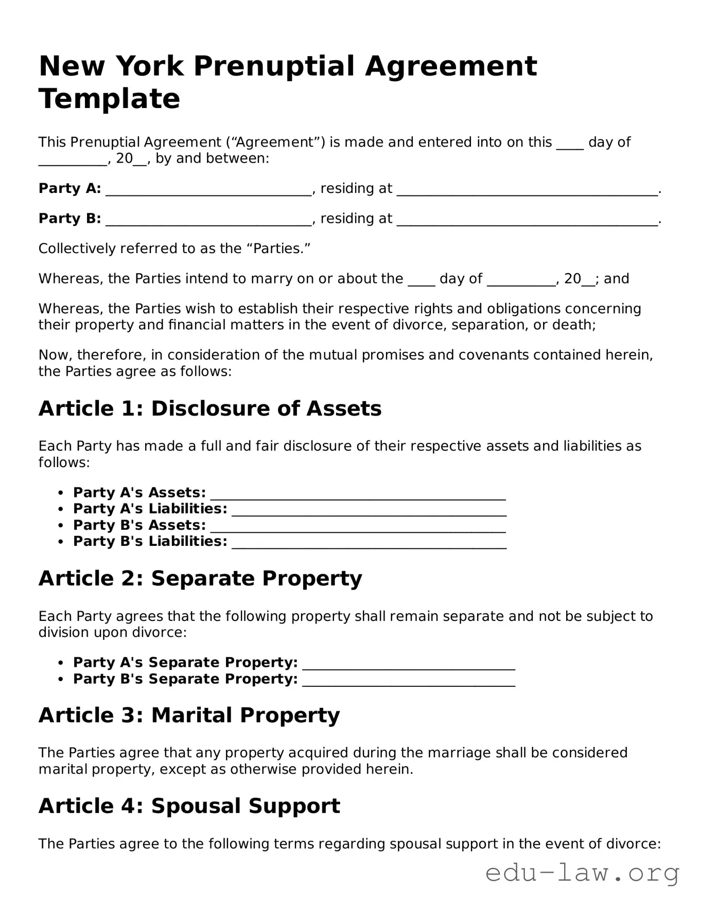 Legal  Prenuptial Agreement Template for New York