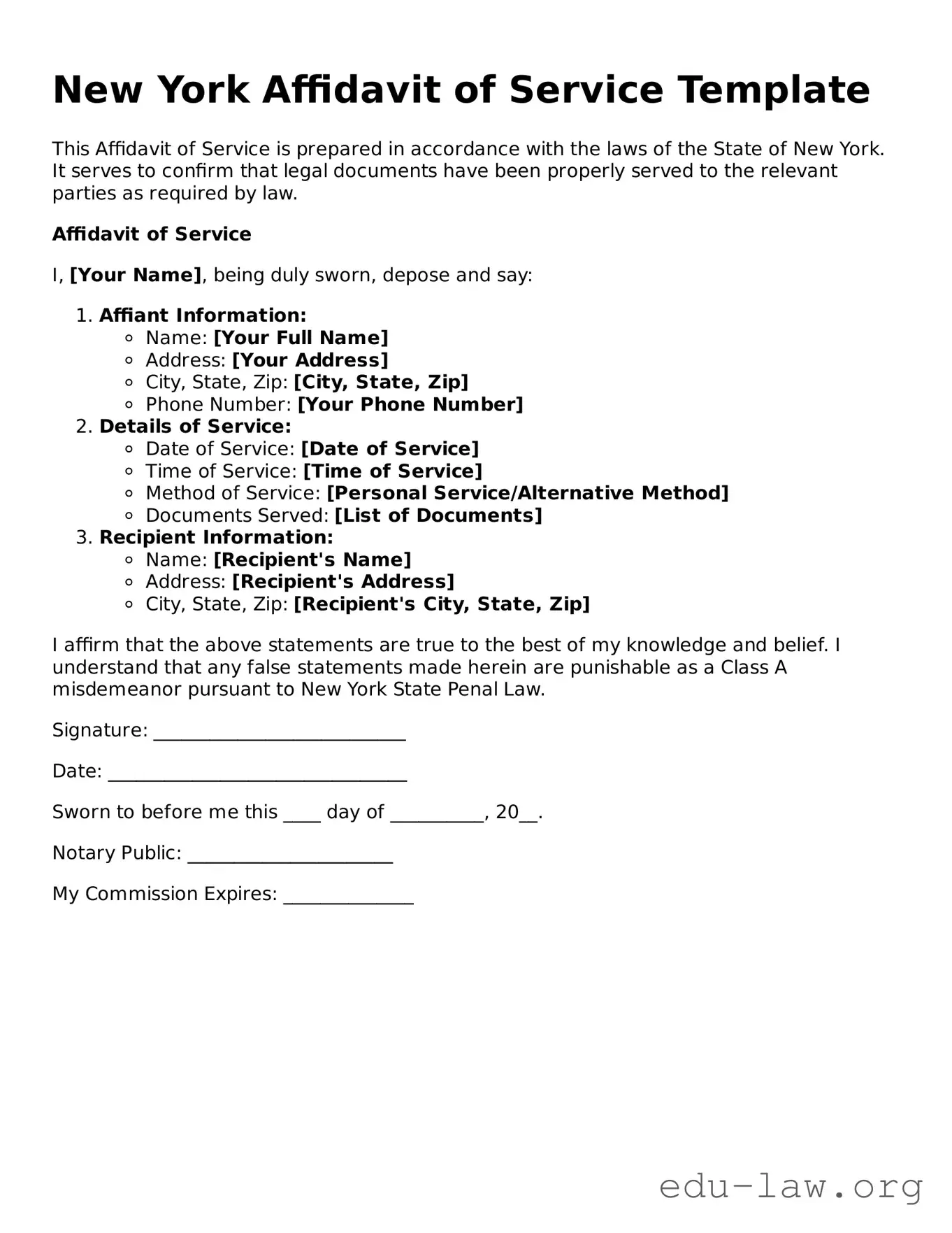 Legal  Affidavit of Service Template for New York