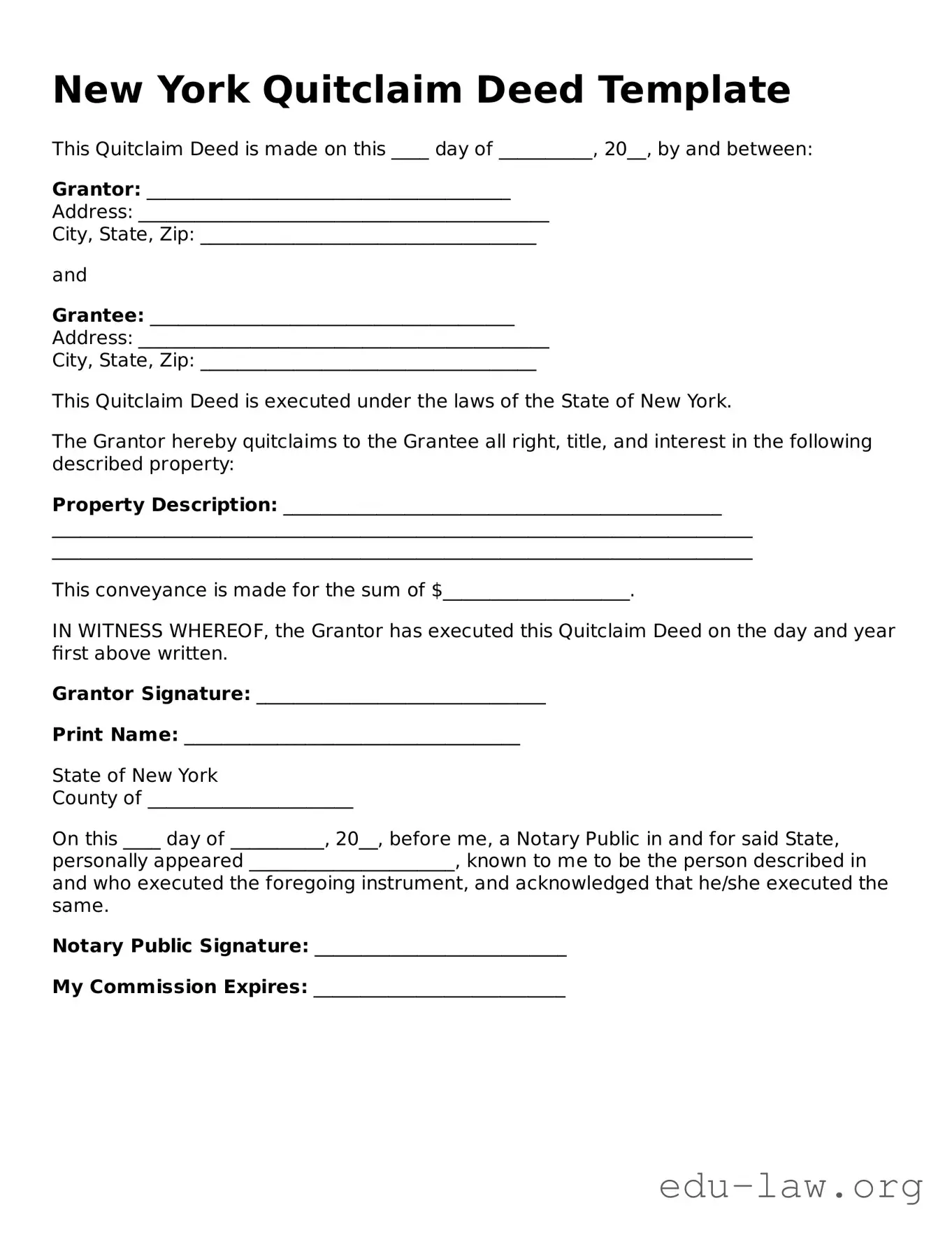 Legal  Quitclaim Deed Template for New York