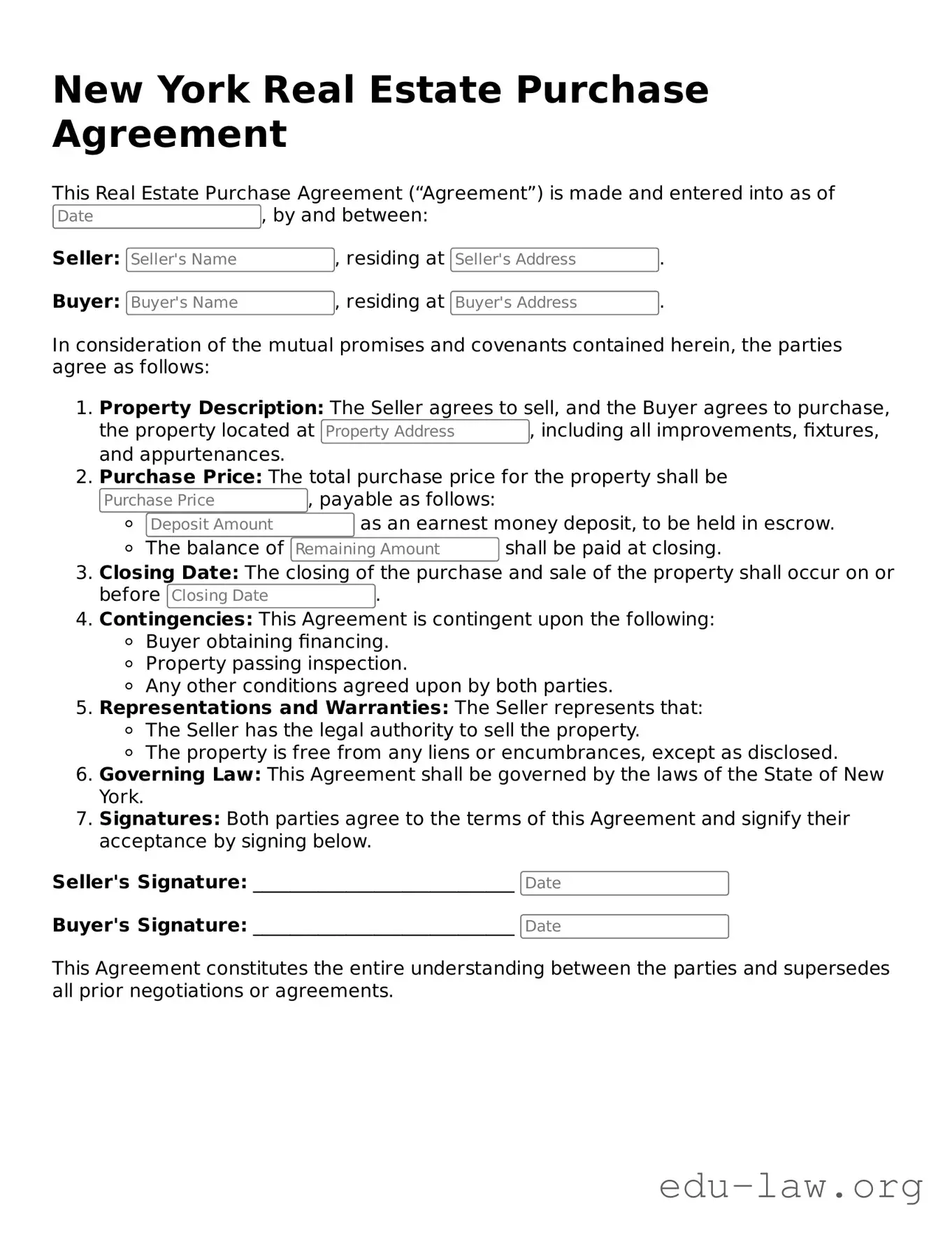 Legal  Real Estate Purchase Agreement Template for New York