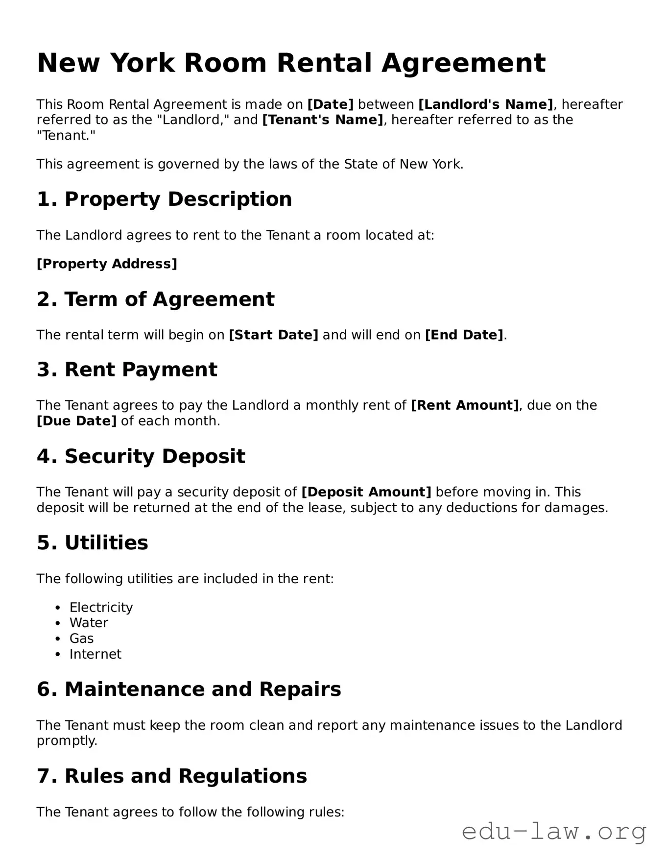 Legal  Room Rental Agreement Template for New York