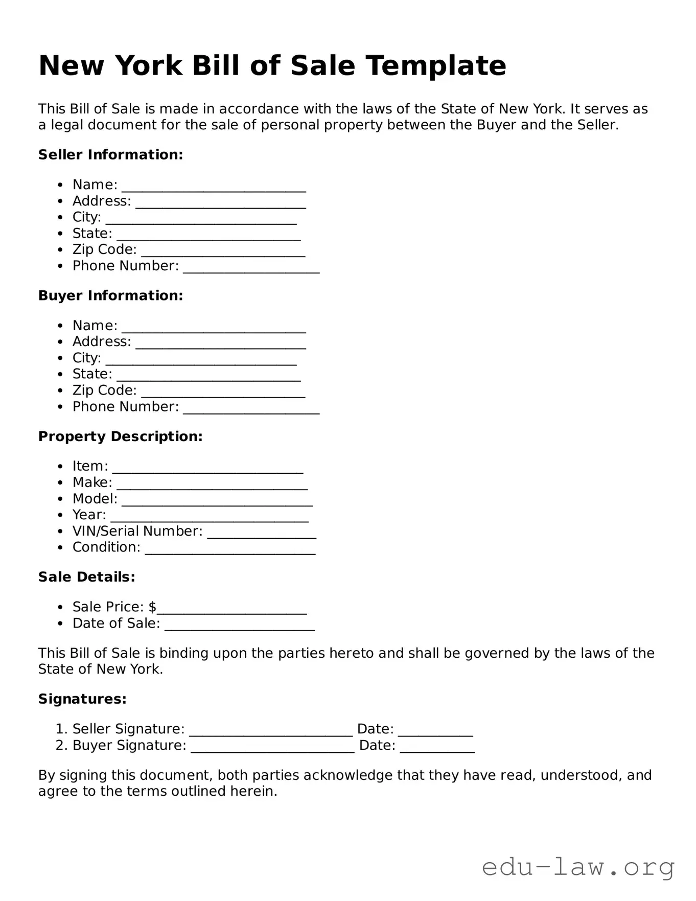 Legal  Bill of Sale Template for New York