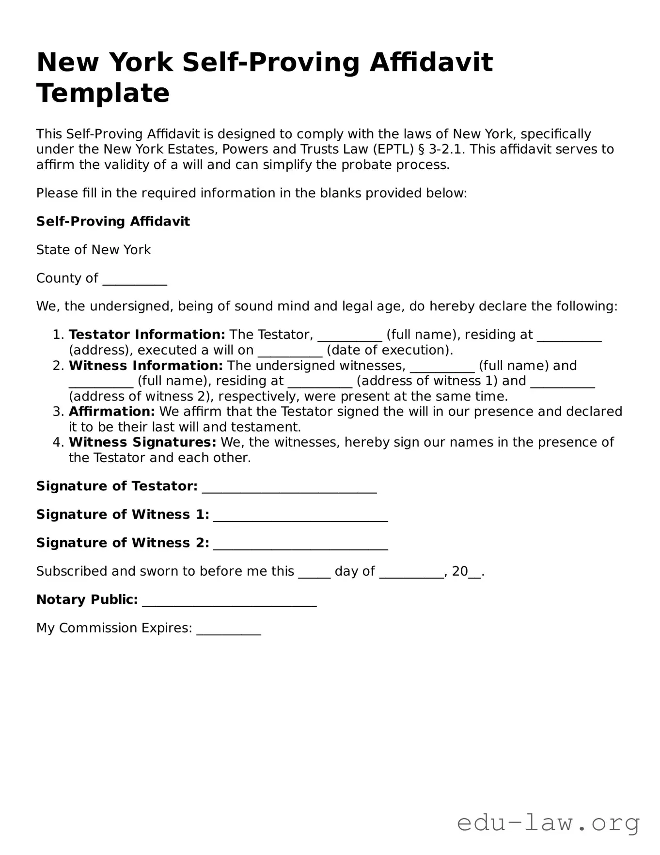 Legal  Self-Proving Affidavit Template for New York