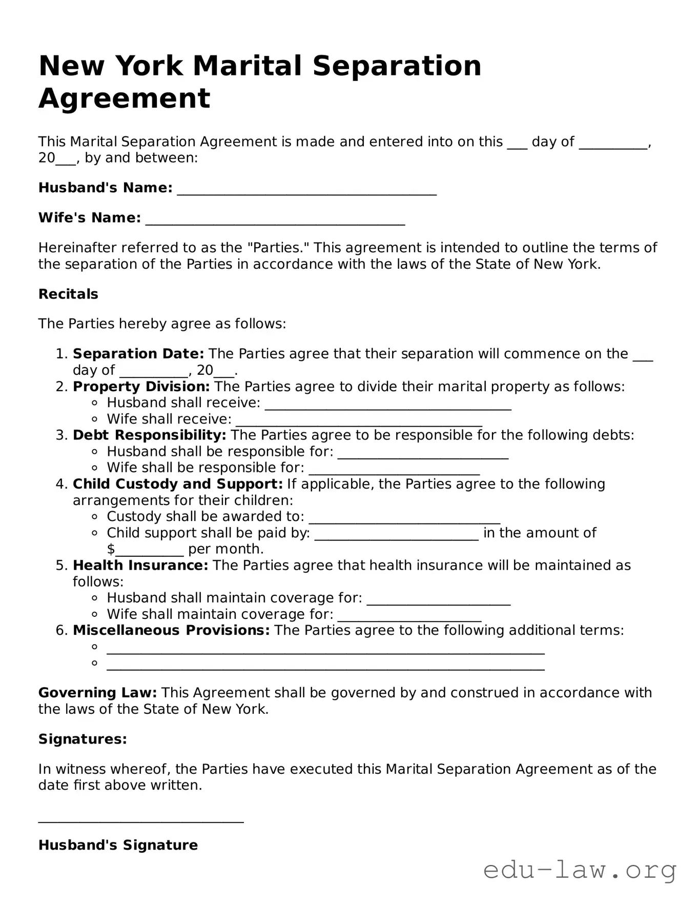Legal  Marital Separation Agreement Template for New York